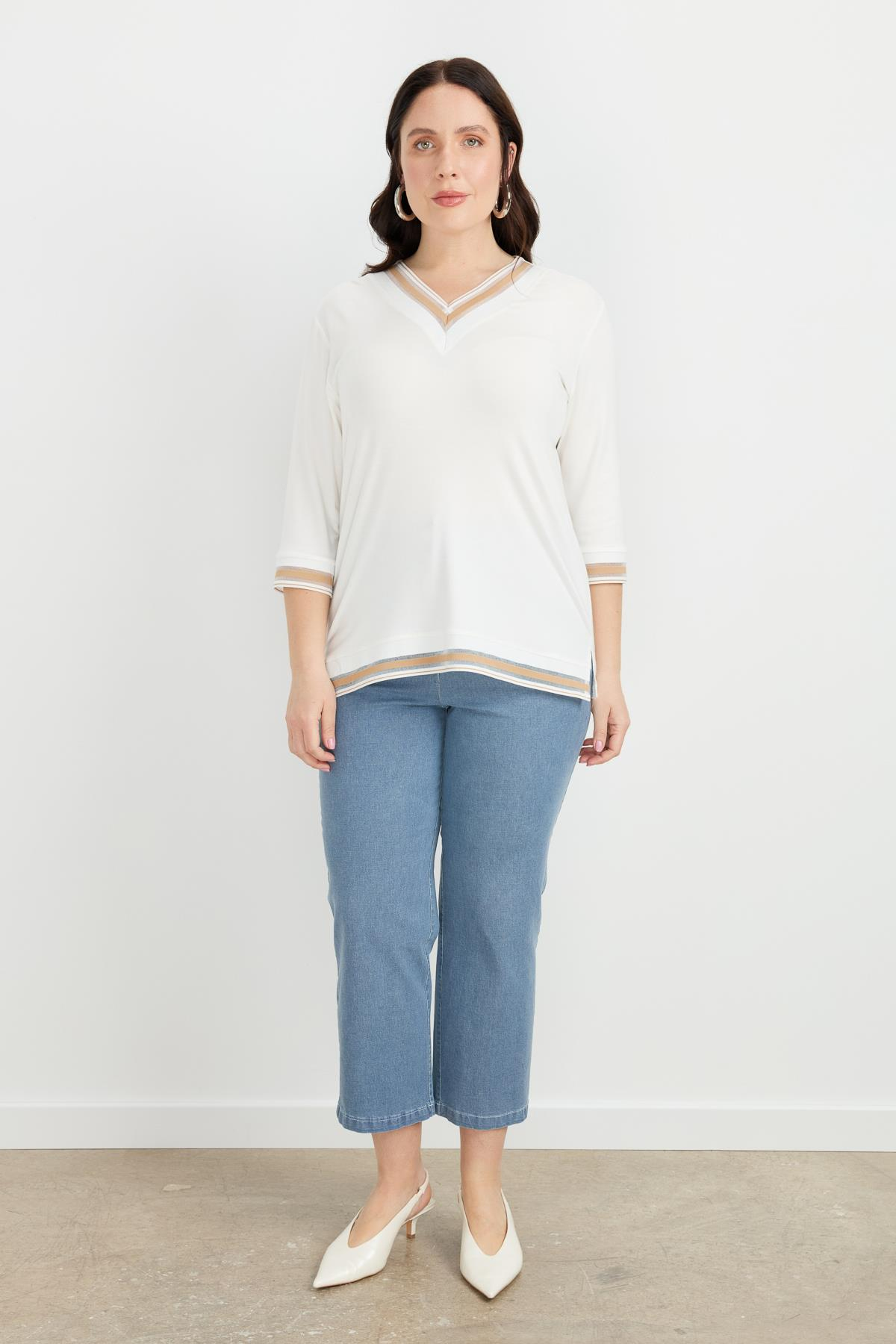 Büyük Beden Tül Şerit Detaylı Bluz-TAŞ