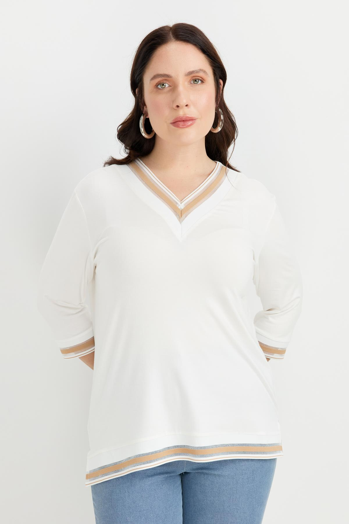 Büyük Beden Tül Şerit Detaylı Bluz-TAŞ