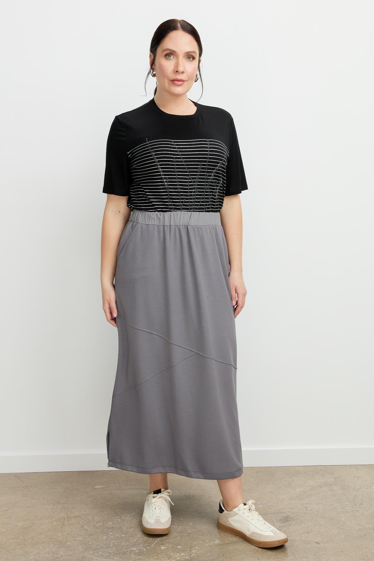 Büyük Beden Ucu Büzgülü Uzun Etek-K.GRİ