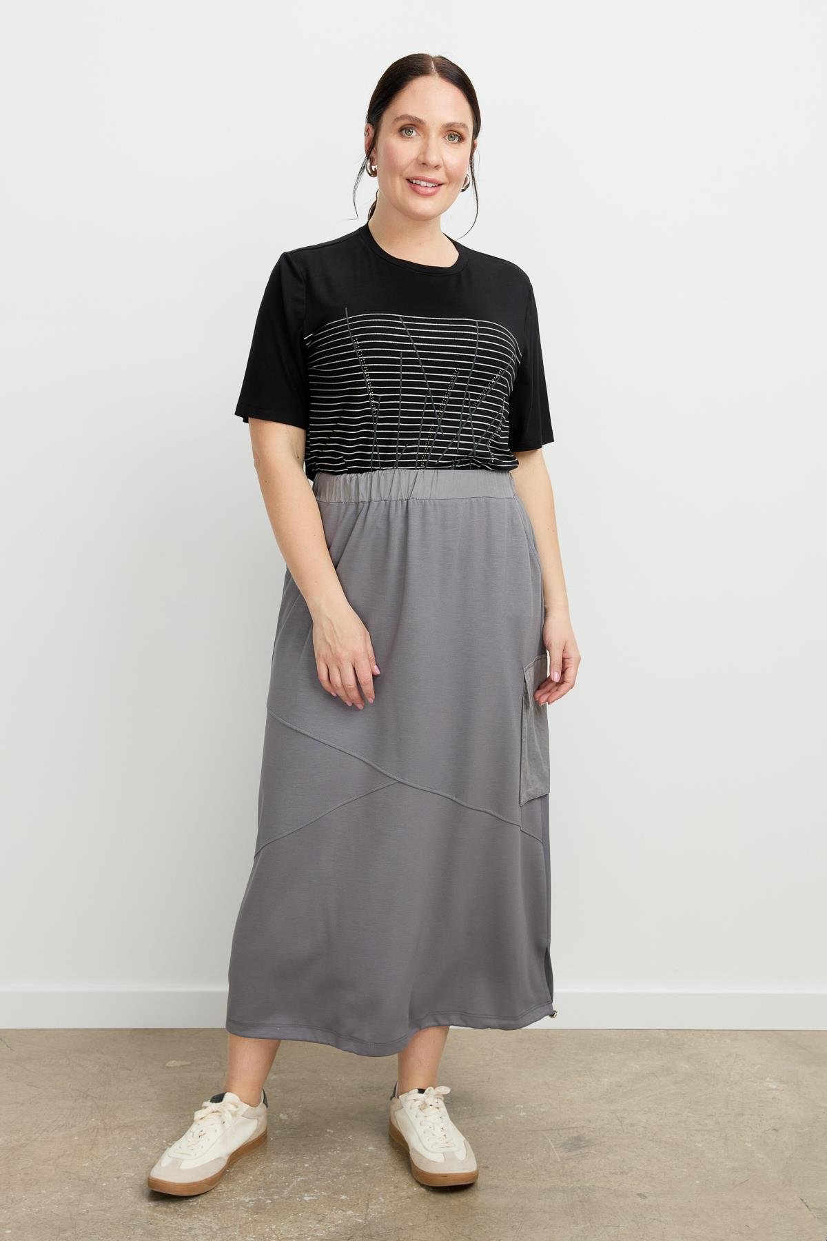 Büyük Beden Ucu Büzgülü Uzun Etek-K.GRİ