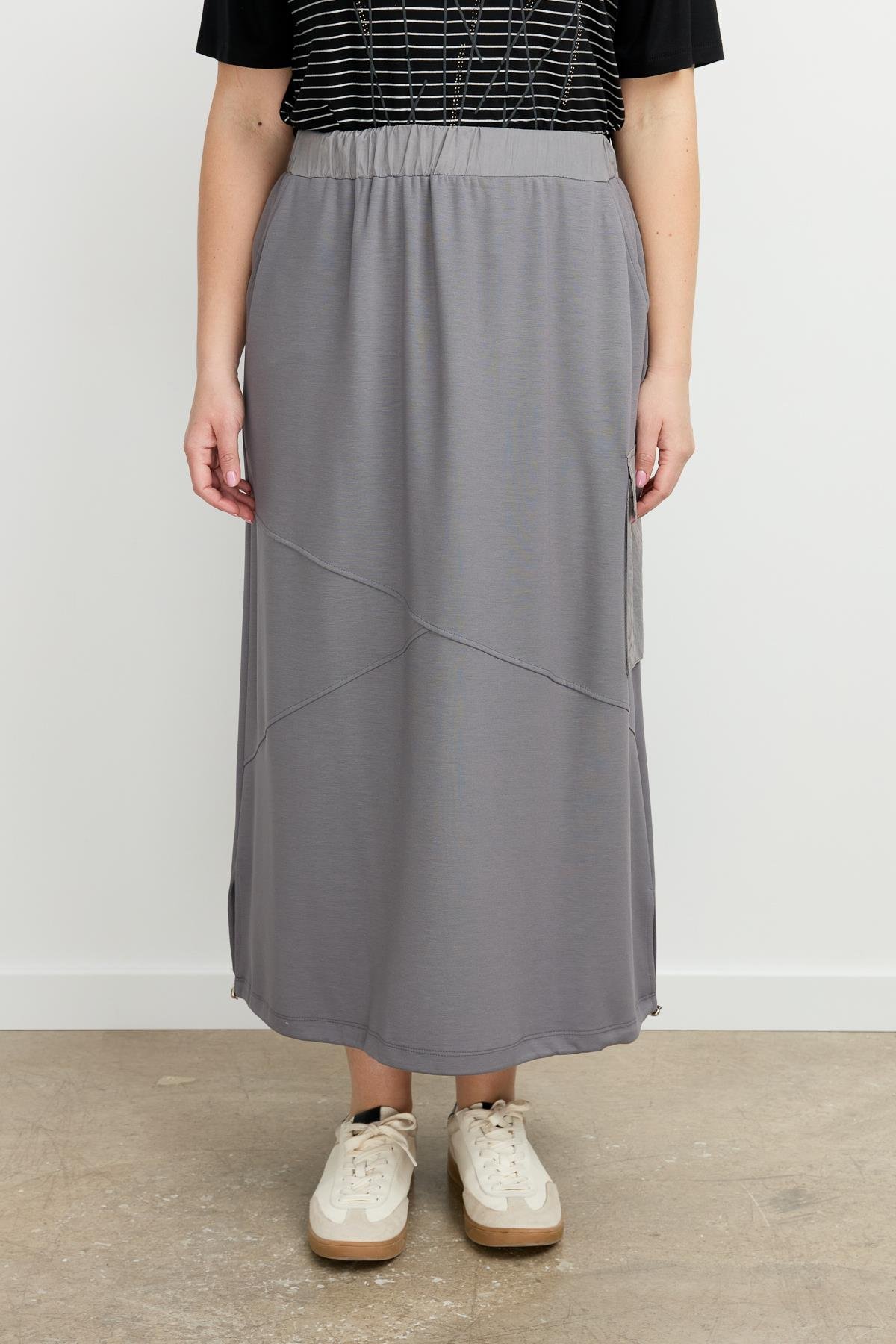 Büyük Beden Ucu Büzgülü Uzun Etek-K.GRİ