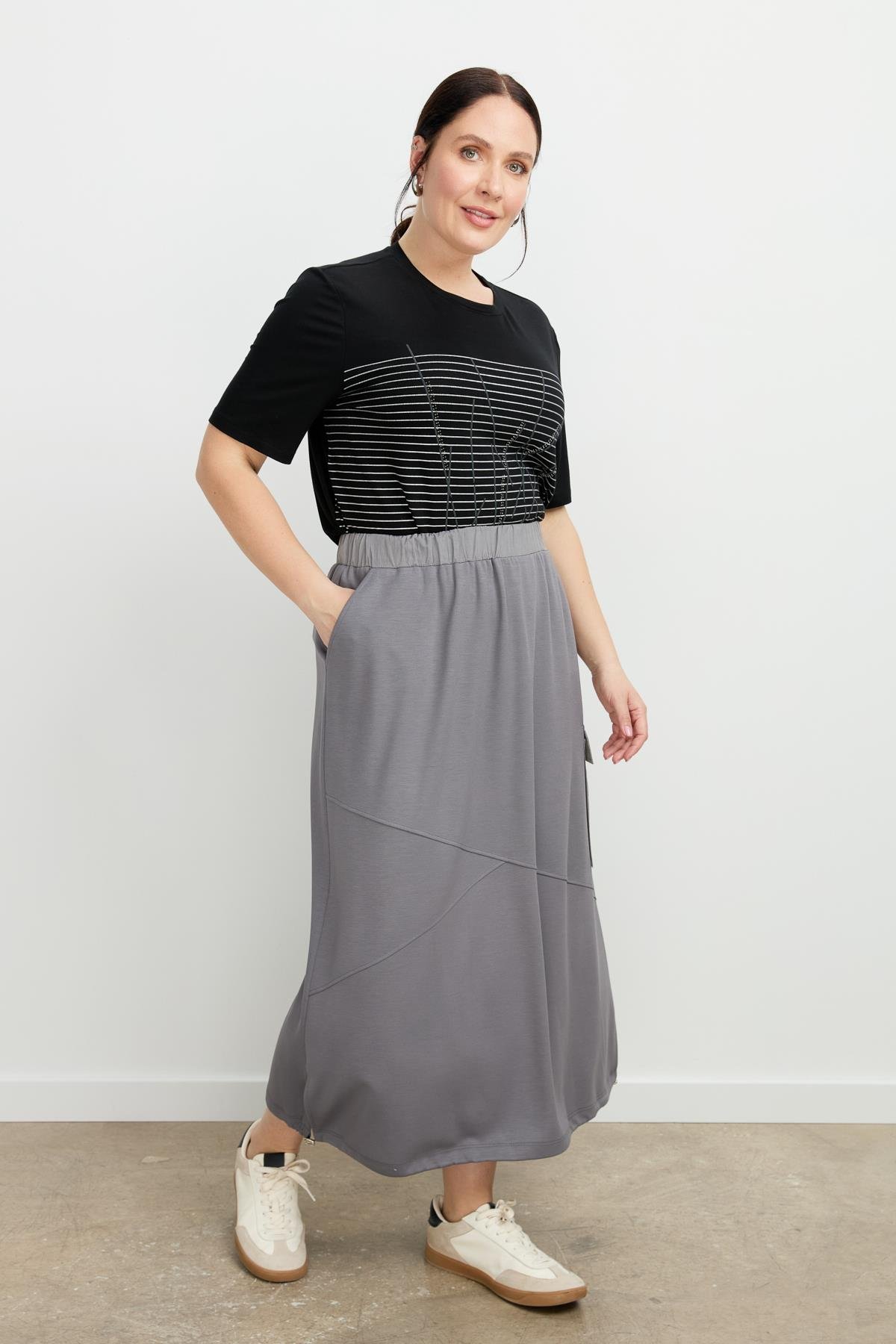 Büyük Beden Ucu Büzgülü Uzun Etek-K.GRİ