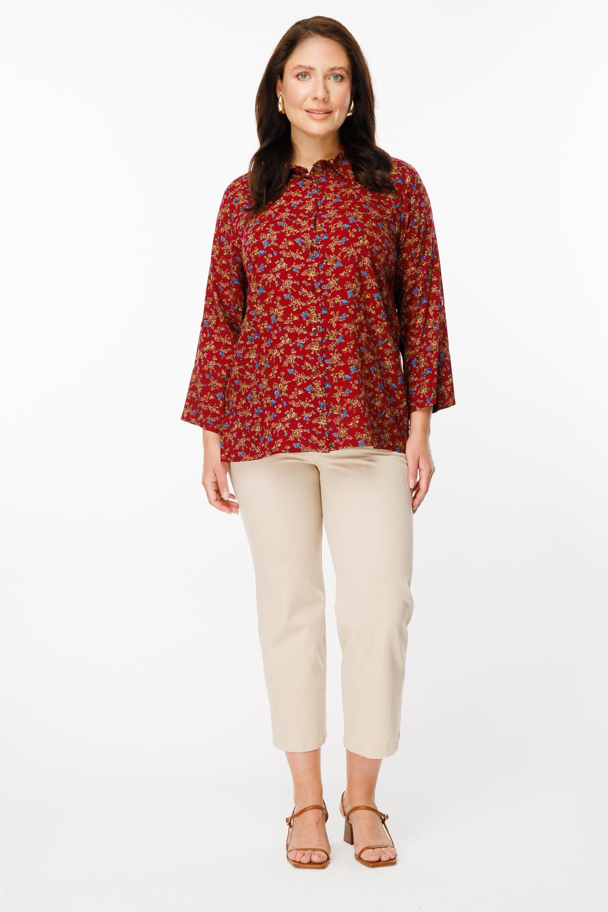 Büyük Beden Uzun Kollu Çiçekli Gömlek - BORDO