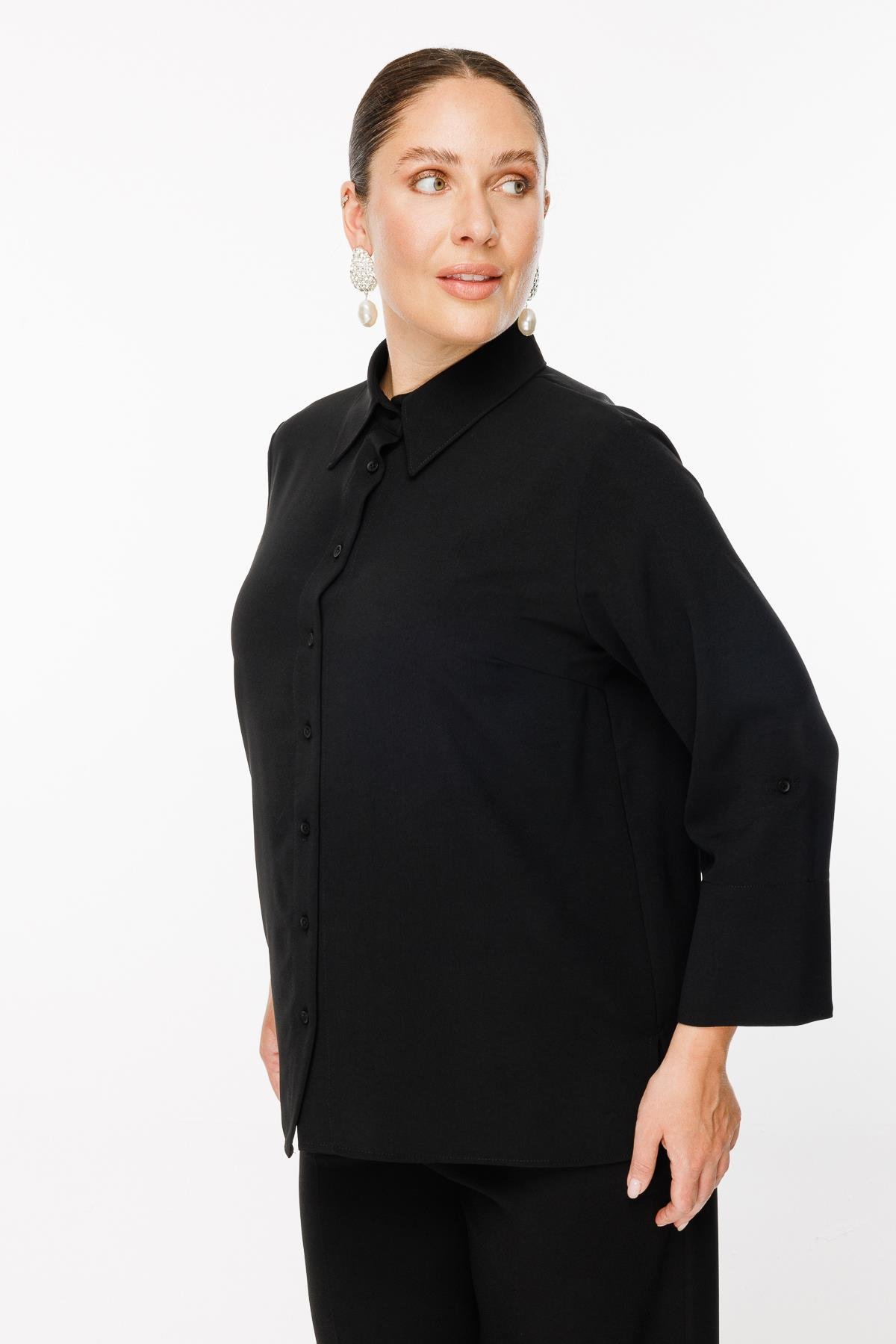 Büyük Beden Uzun Kollu Gömlek - SİYAH