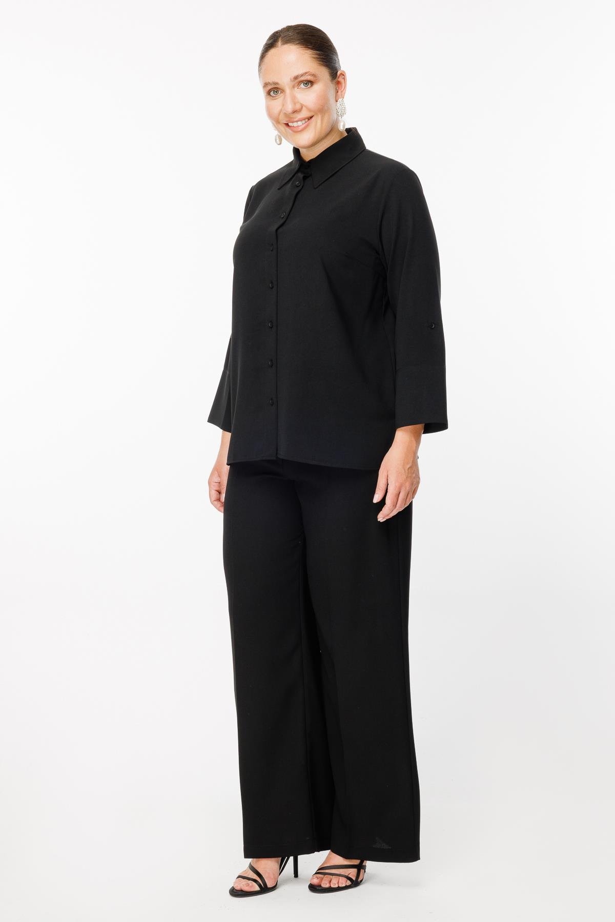 Büyük Beden Uzun Kollu Gömlek - SİYAH