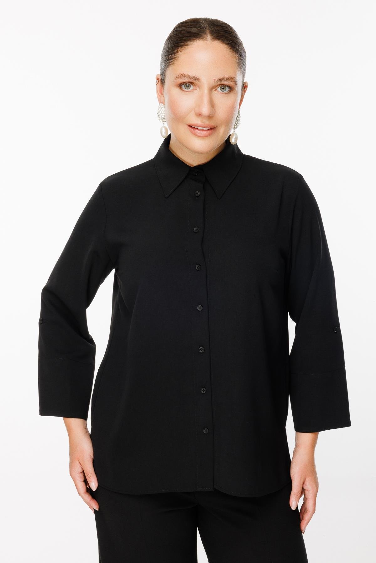 Büyük Beden Uzun Kollu Gömlek - SİYAH