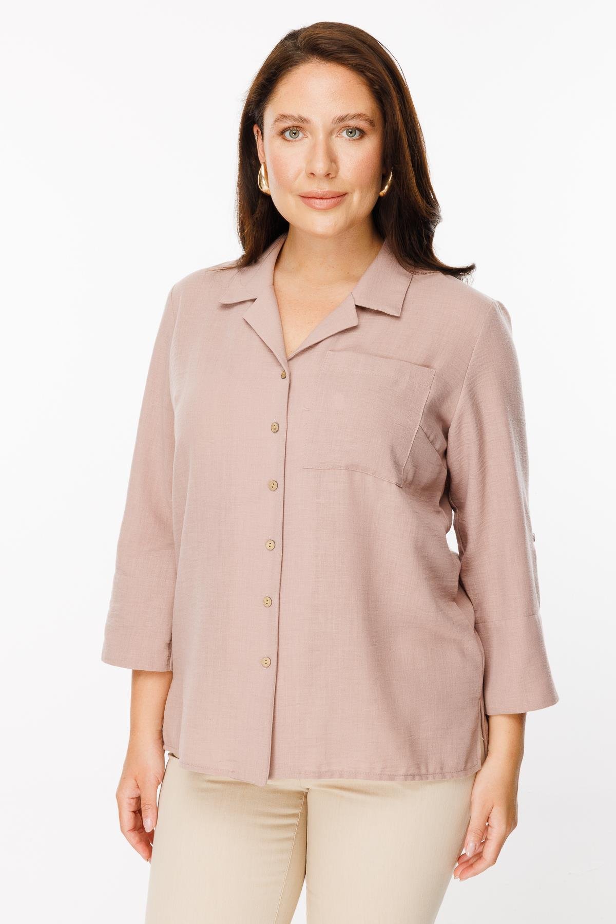 Büyük Beden Uzun Kollu Keten Gömlek - GÜL KURUSU