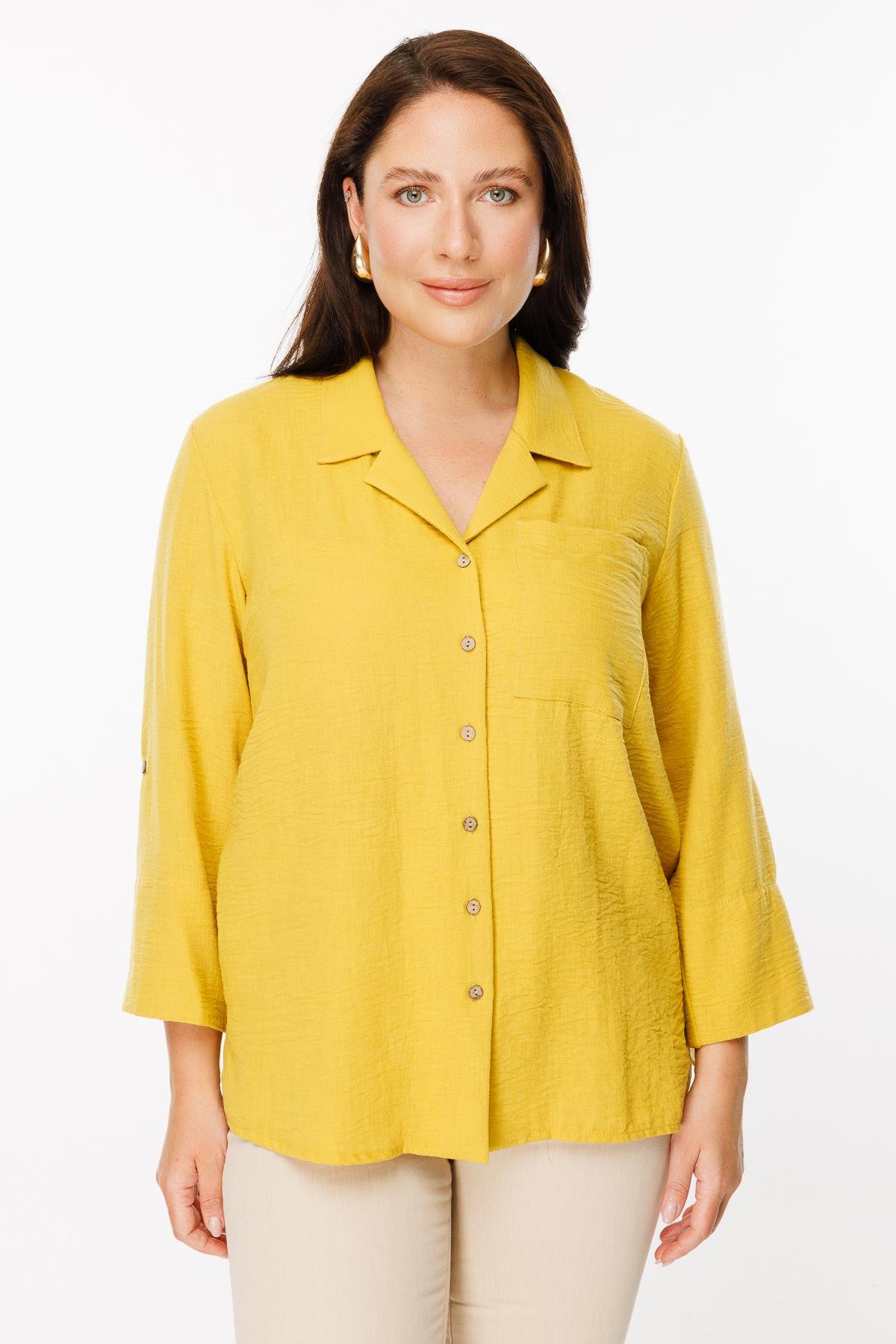 Büyük Beden Uzun Kollu Keten Gömlek - SAFRAN