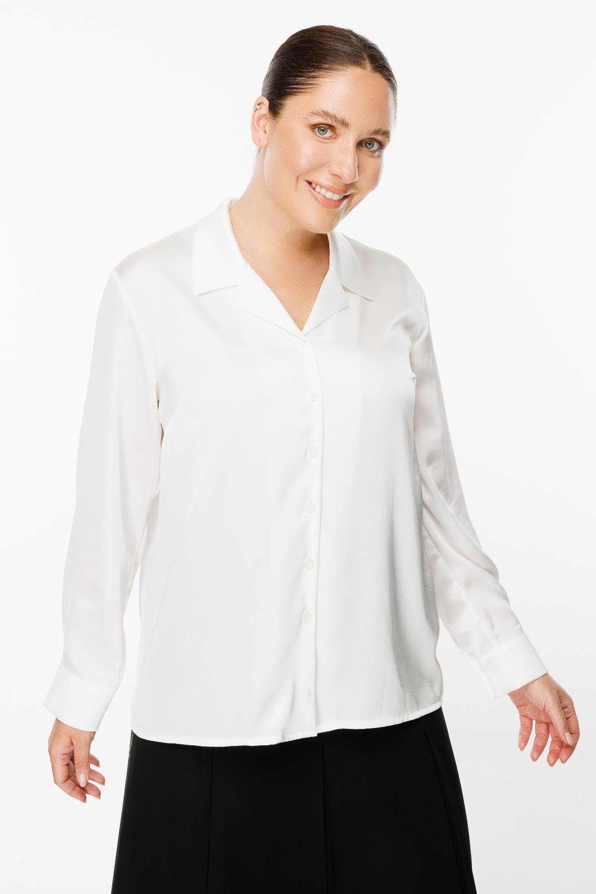 Büyük Beden Uzun Kollu Saten Gömlek - KEMIK