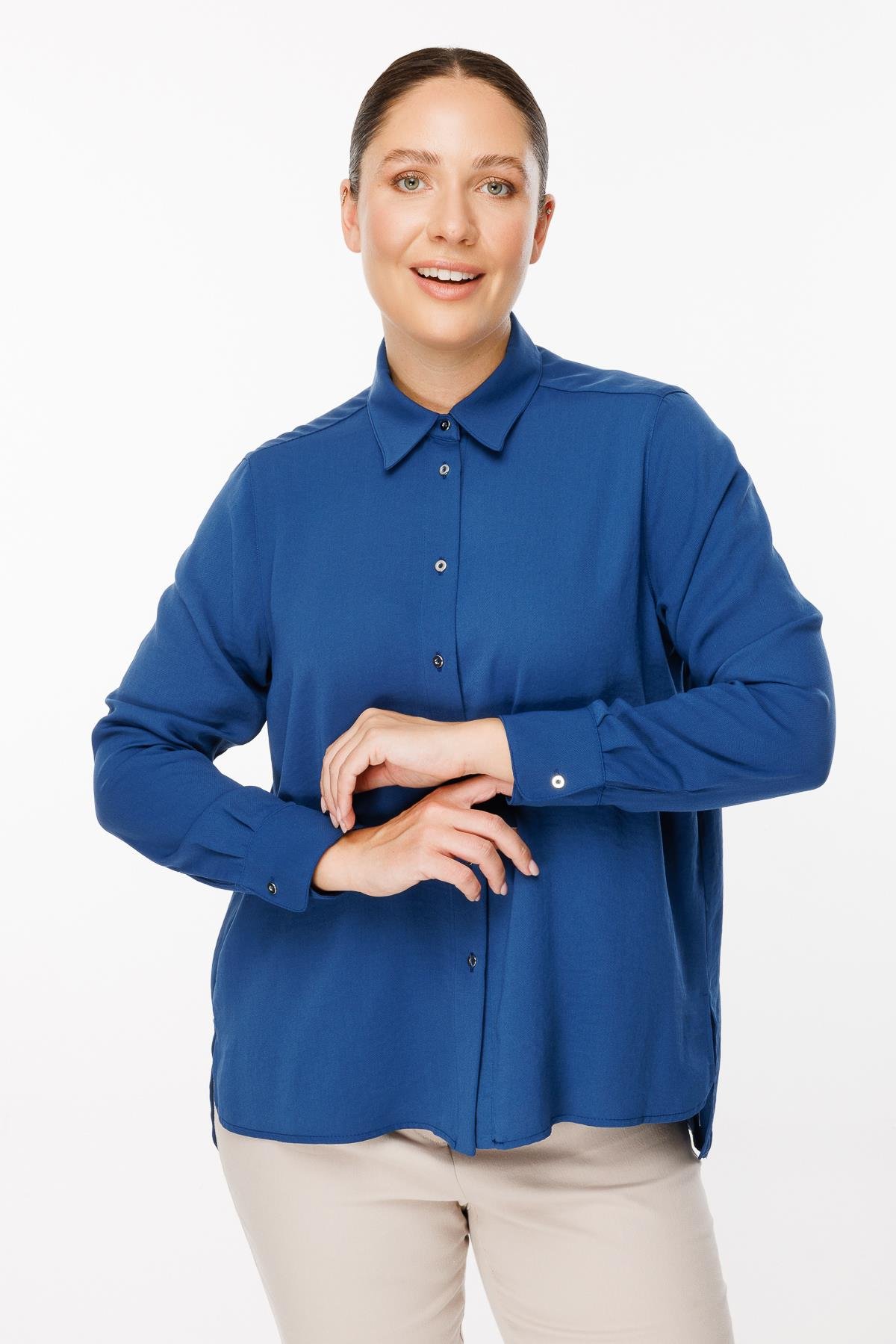 Büyük Beden Uzun Kollu Yanı Yırtmaçlı Gömlek - İNDİGO