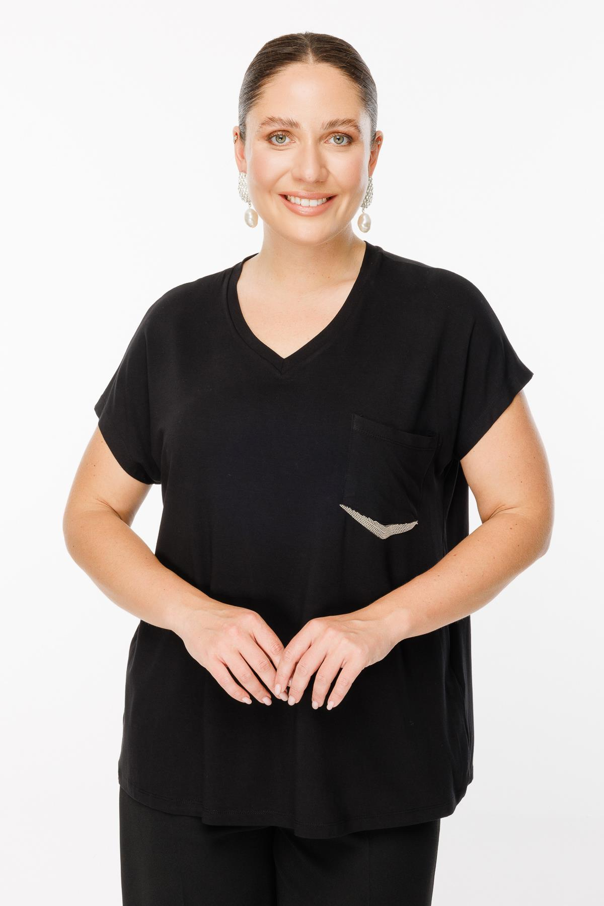 Büyük Beden V Yaka Cebi Boncuk İşlemeli Bluz - SİYAH