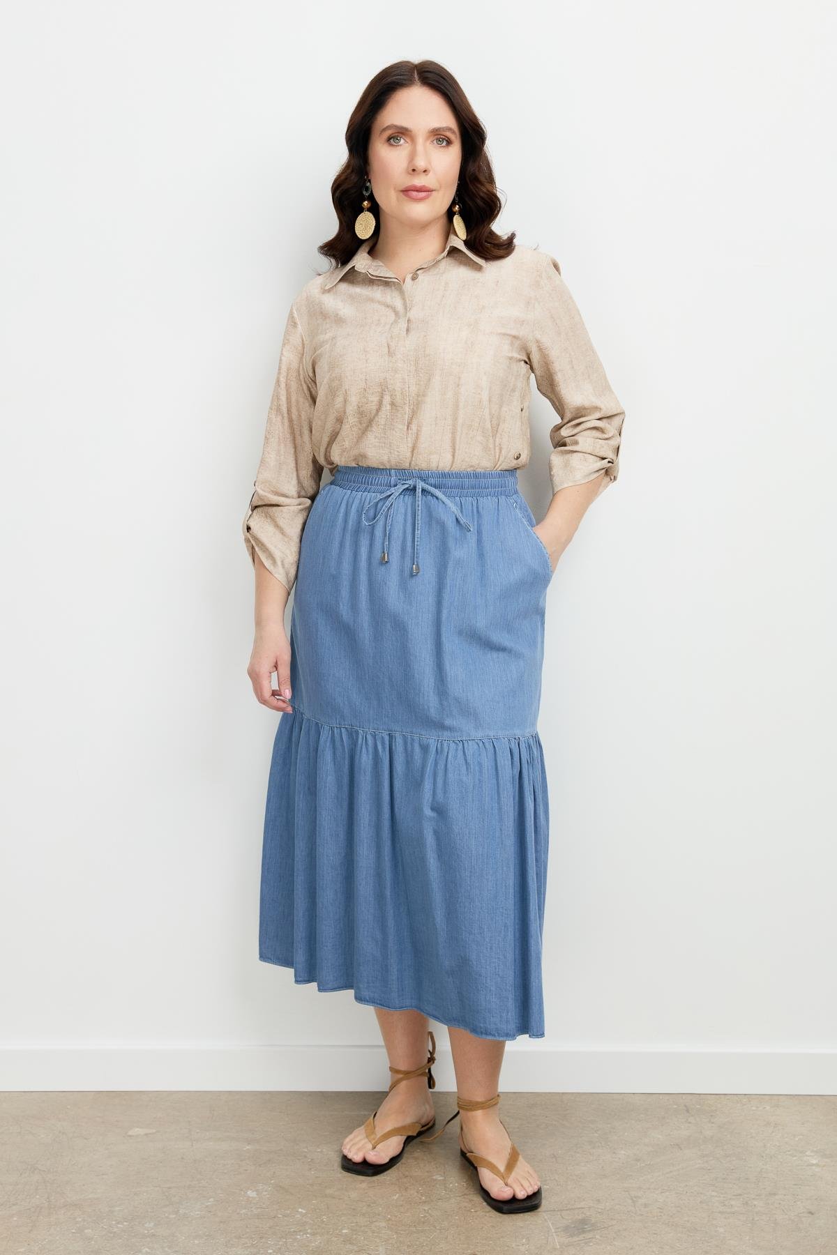 Büyük Beden Volanlı Uzun Etek-MAVİ