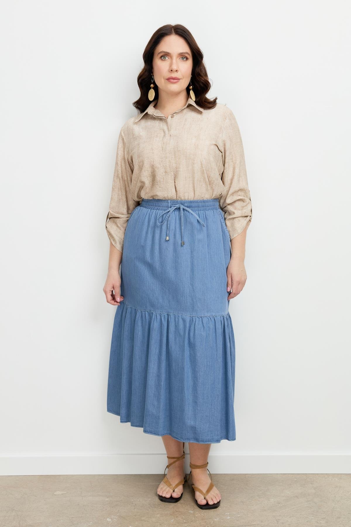 Büyük Beden Volanlı Uzun Etek-MAVİ