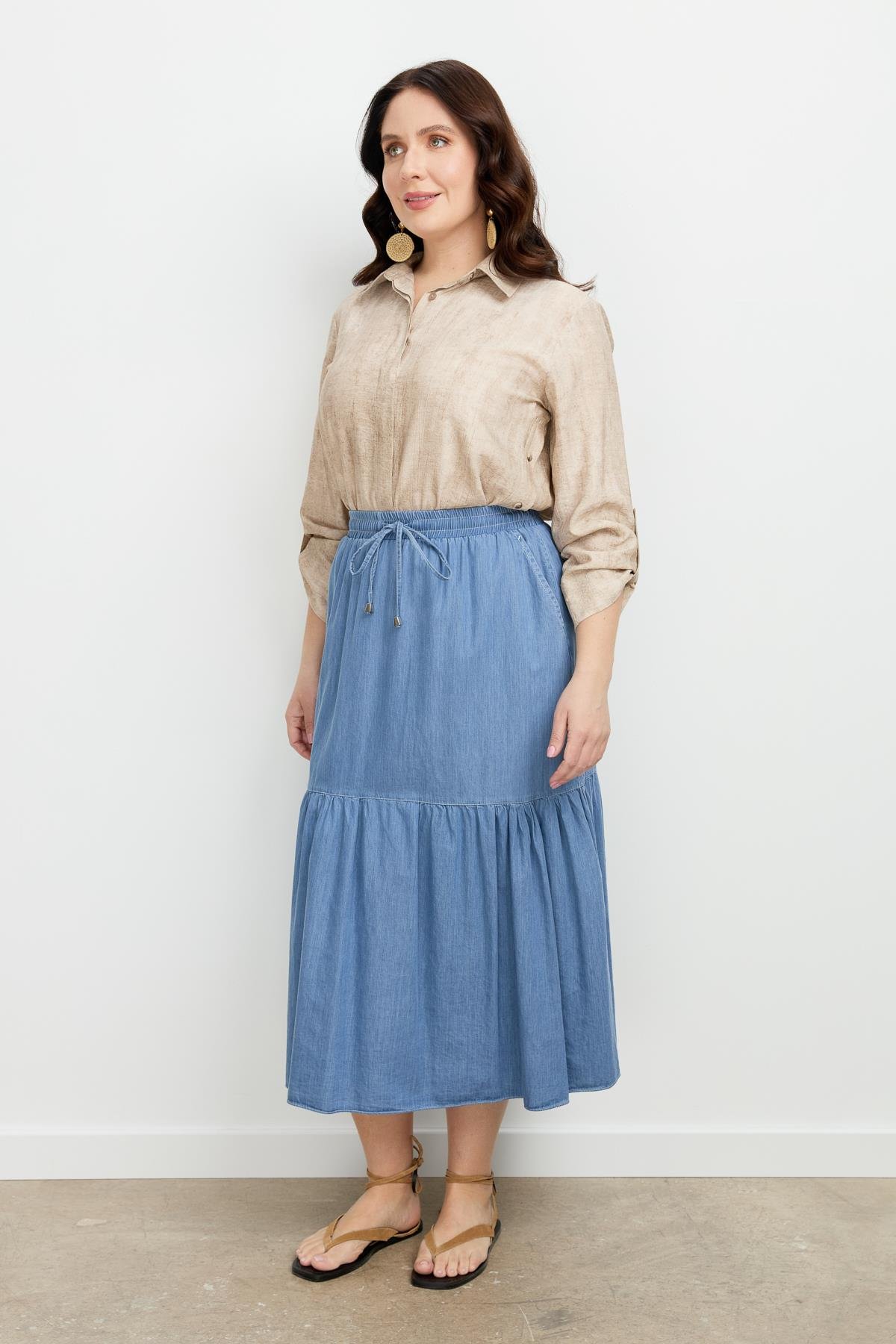 Büyük Beden Volanlı Uzun Etek-MAVİ