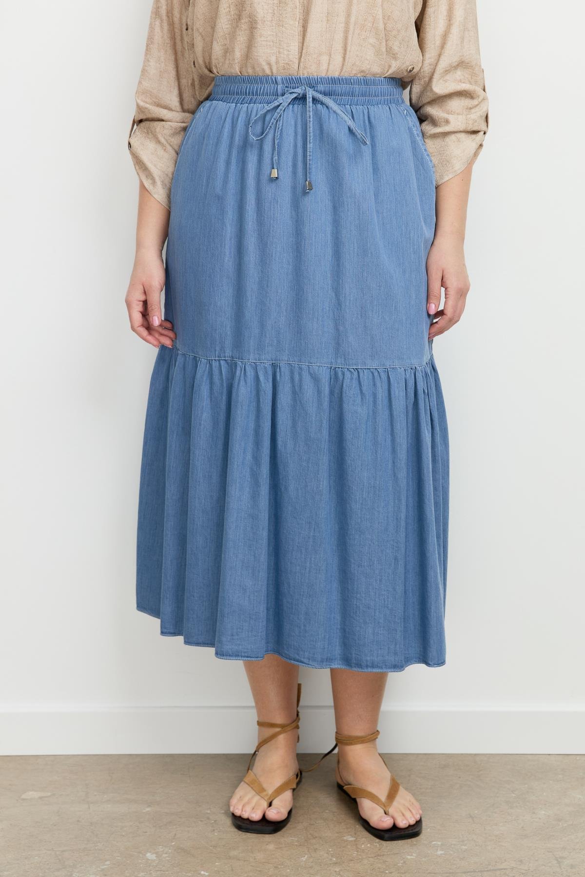 Büyük Beden Volanlı Uzun Etek-MAVİ