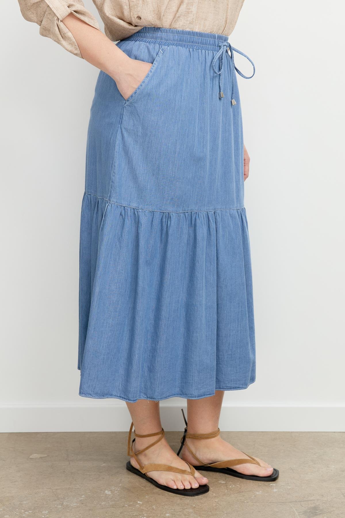 Büyük Beden Volanlı Uzun Etek-MAVİ