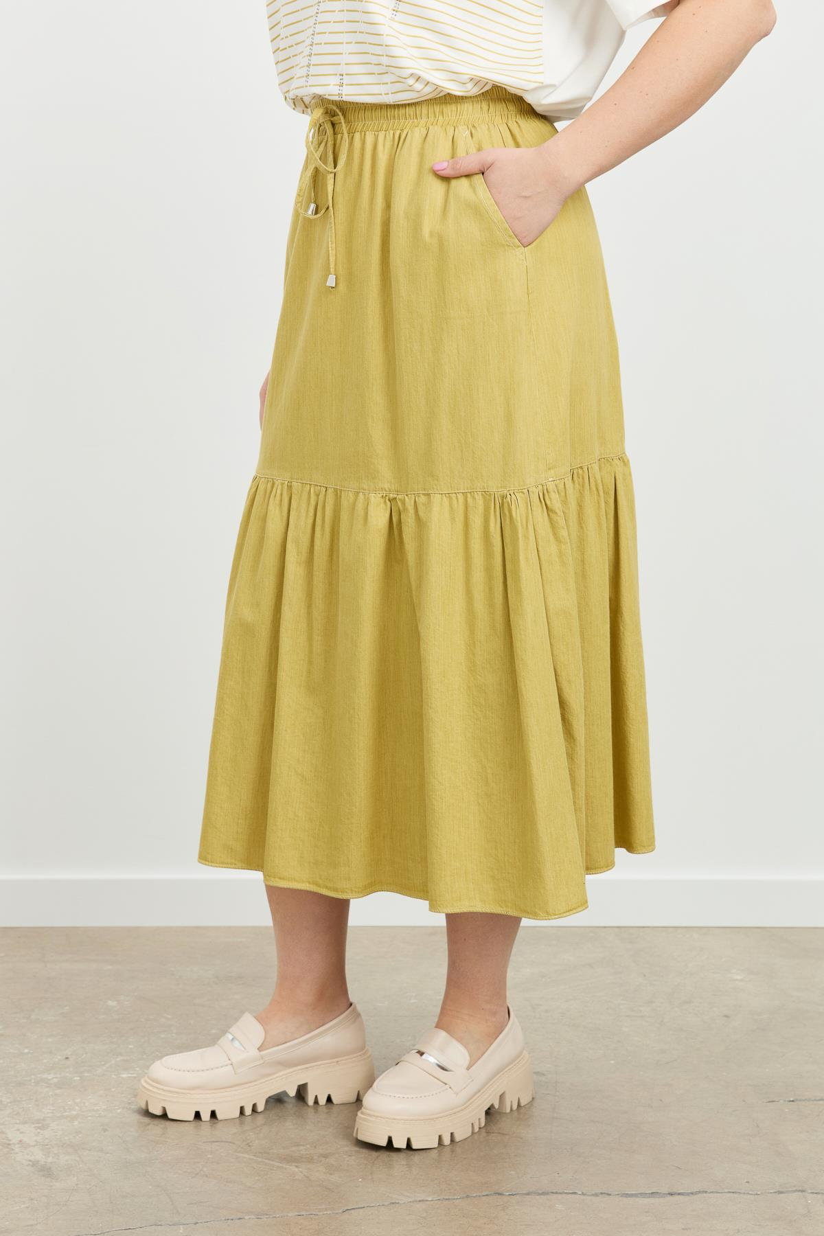 Büyük Beden Volanlı Uzun Etek-SARI