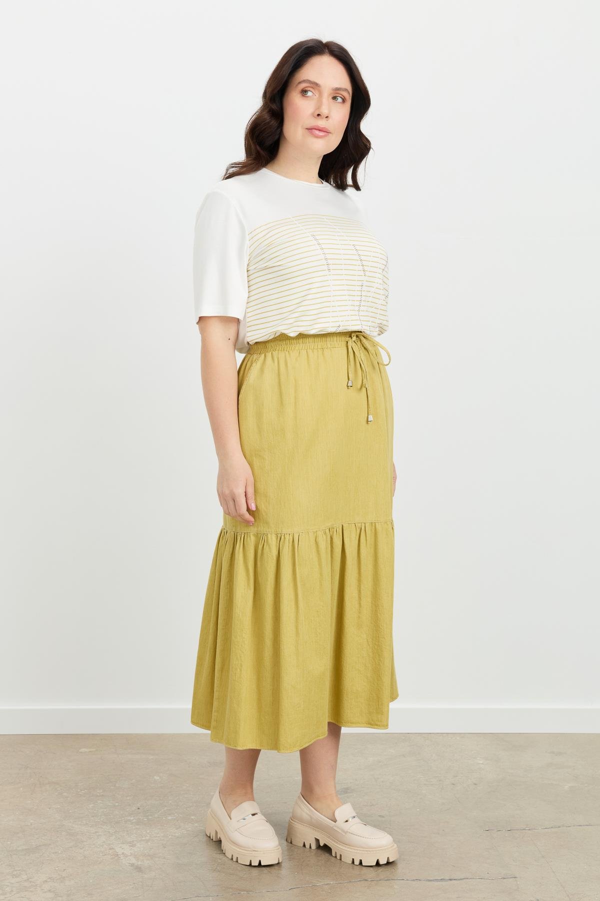 Büyük Beden Volanlı Uzun Etek-SARI