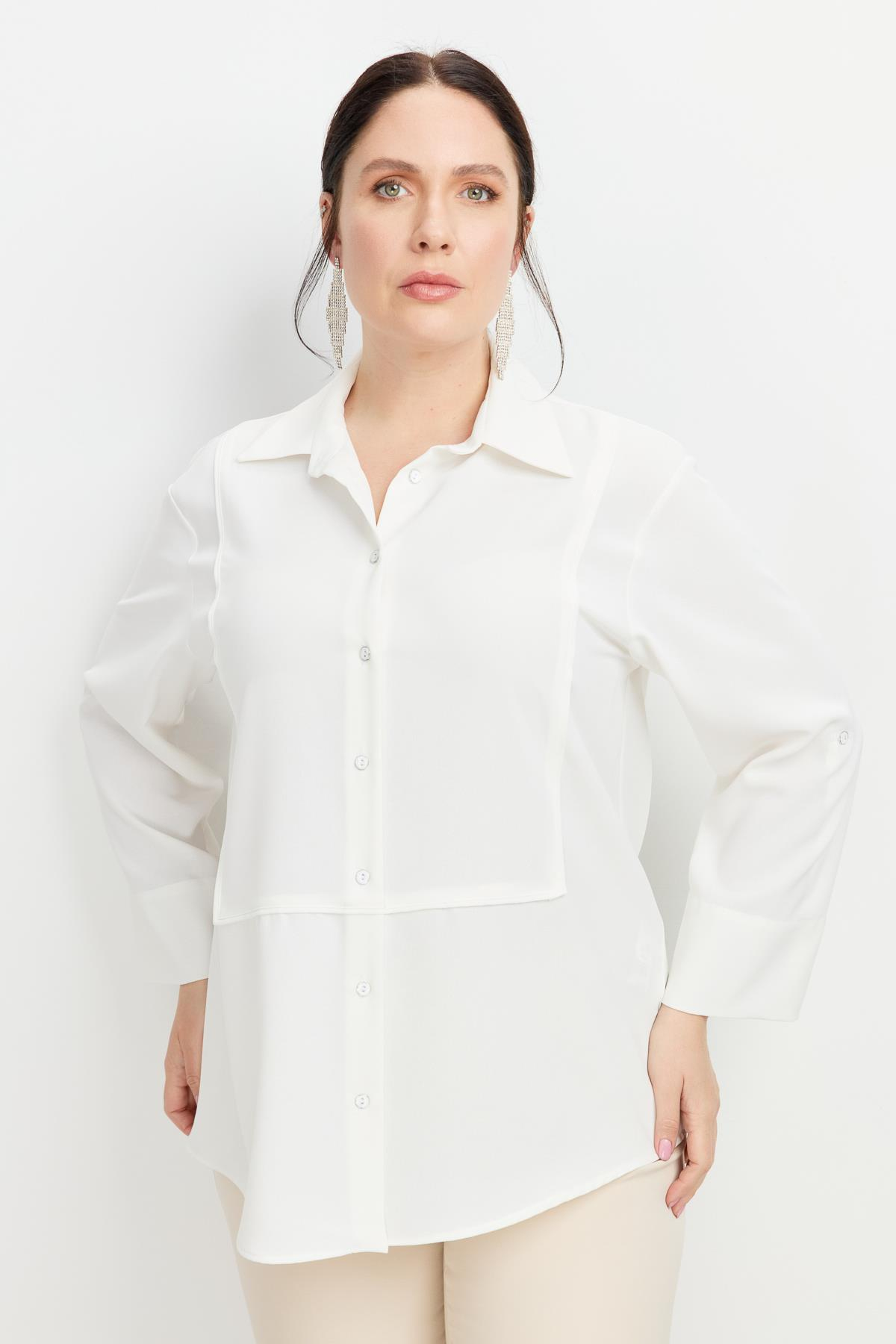 Büyük Beden Yakası Broşlu Gömlek-KEMIK