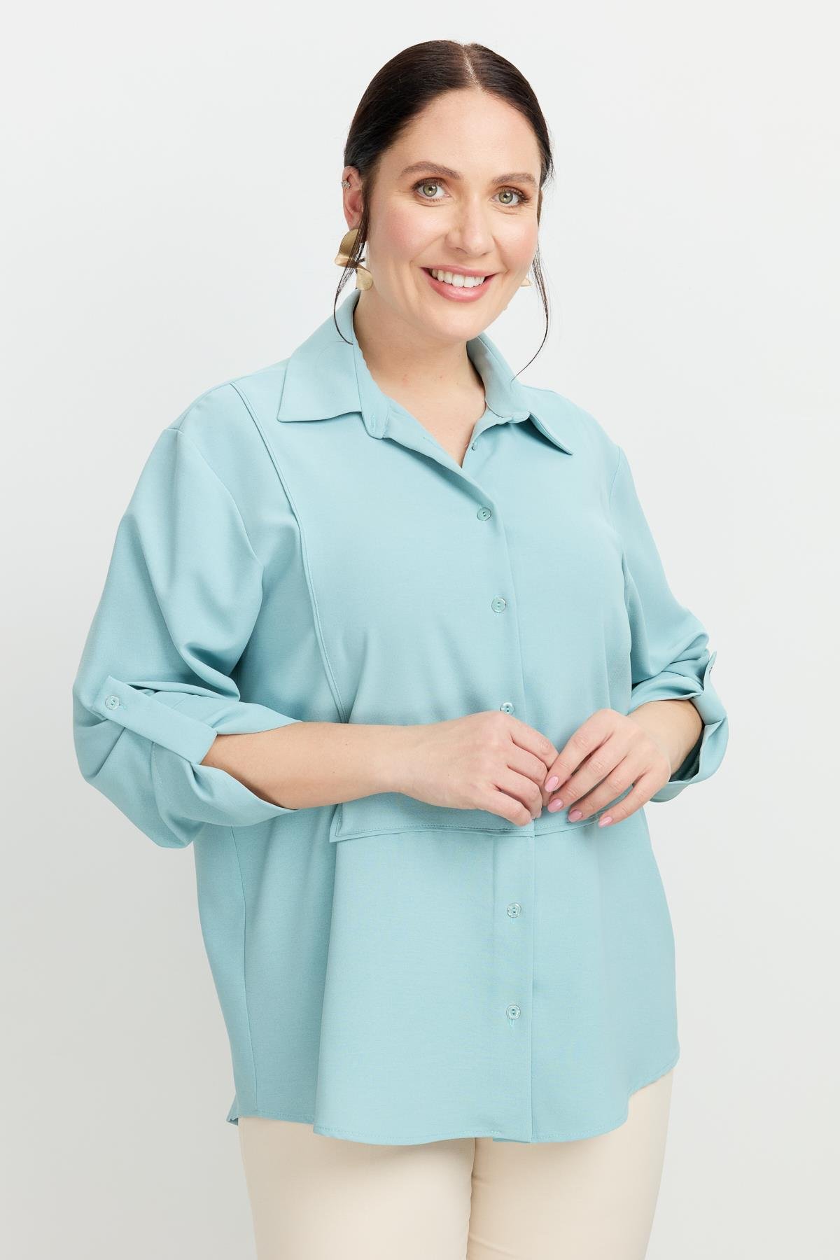Büyük Beden Yakası Broşlu Gömlek-MINT