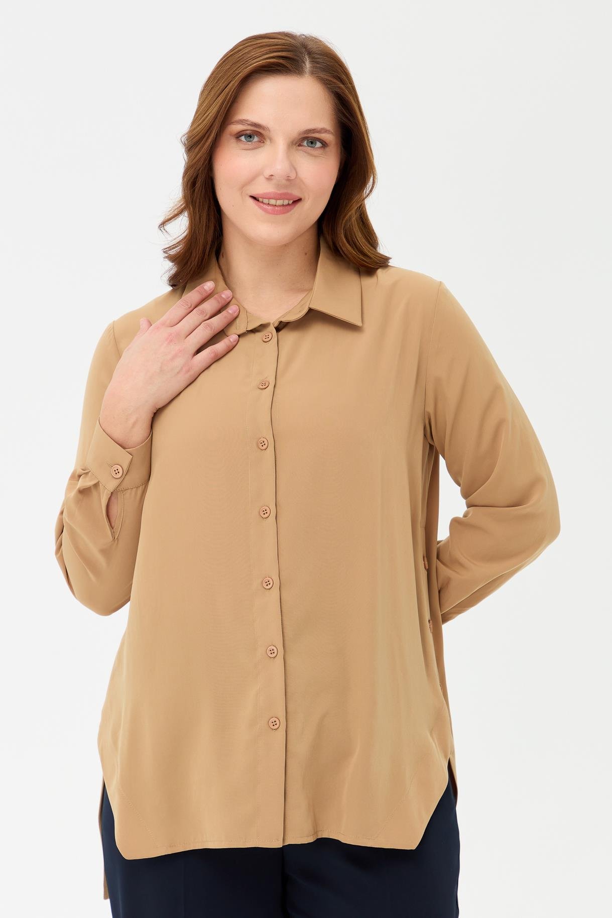 Büyük Beden Yanı Düğmeli Gömlek - CAMEL