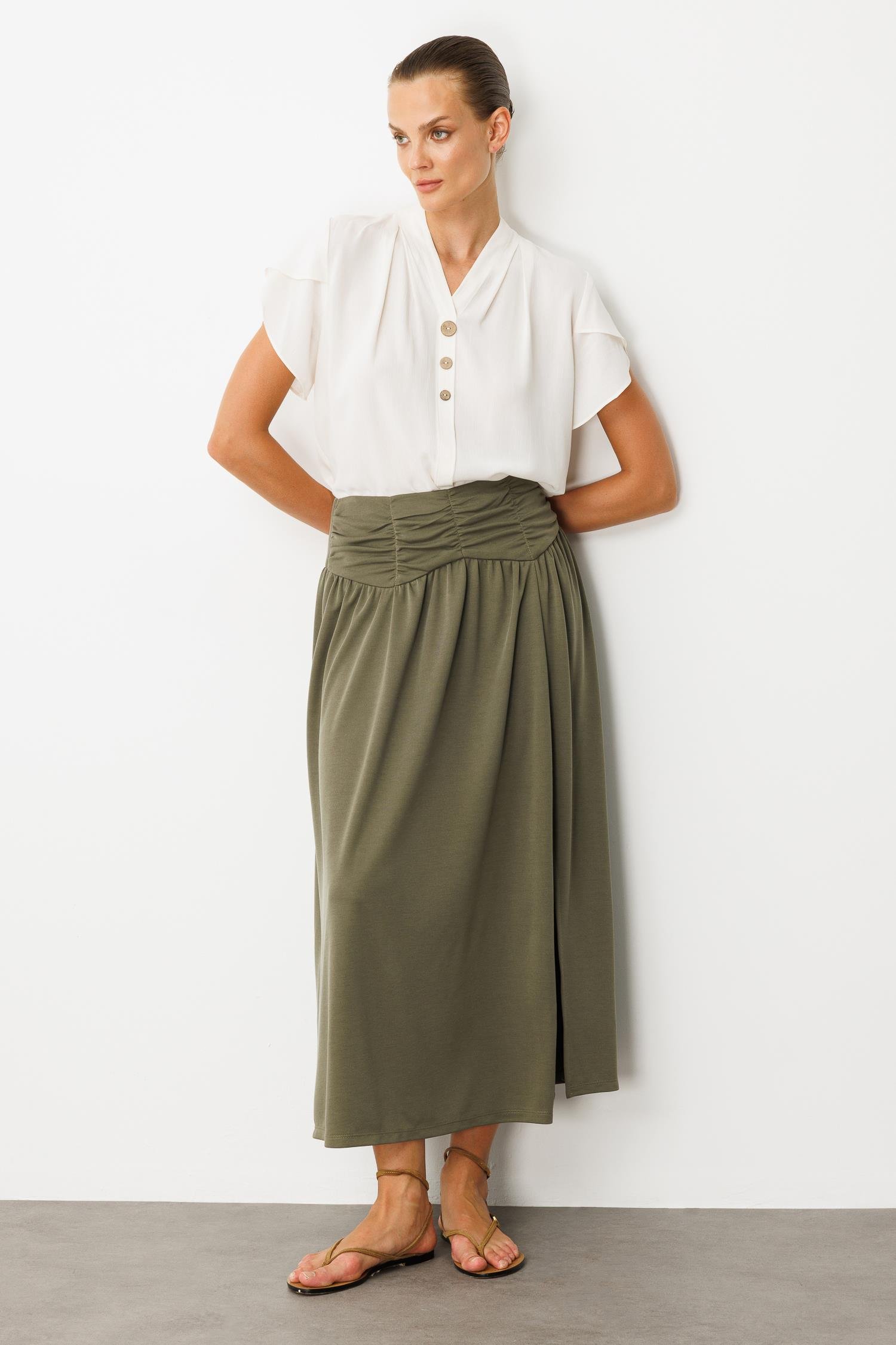 Büzgü Detay Yüksek Bel Uzun Etek-HAKİ