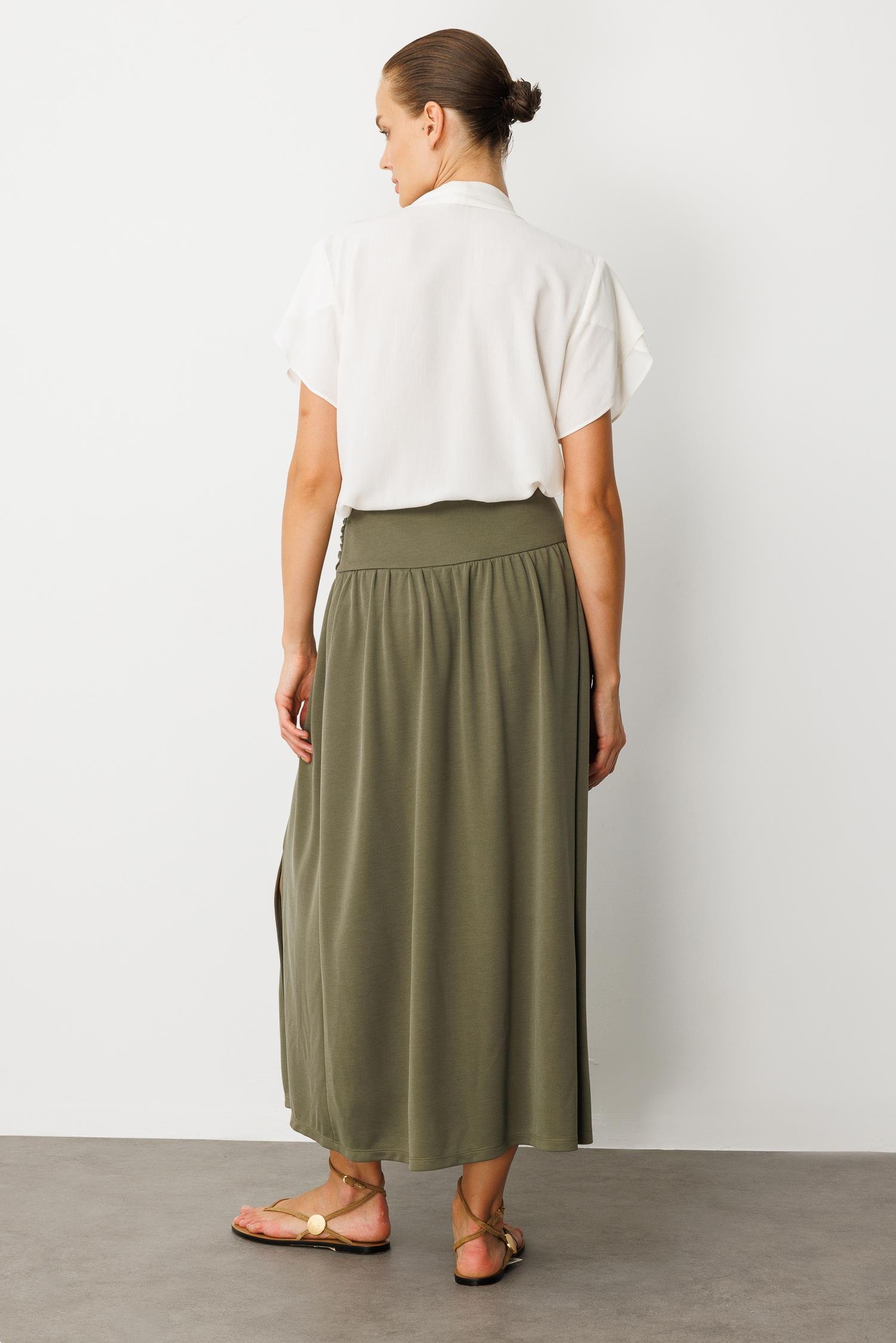 Büzgü Detay Yüksek Bel Uzun Etek-HAKİ