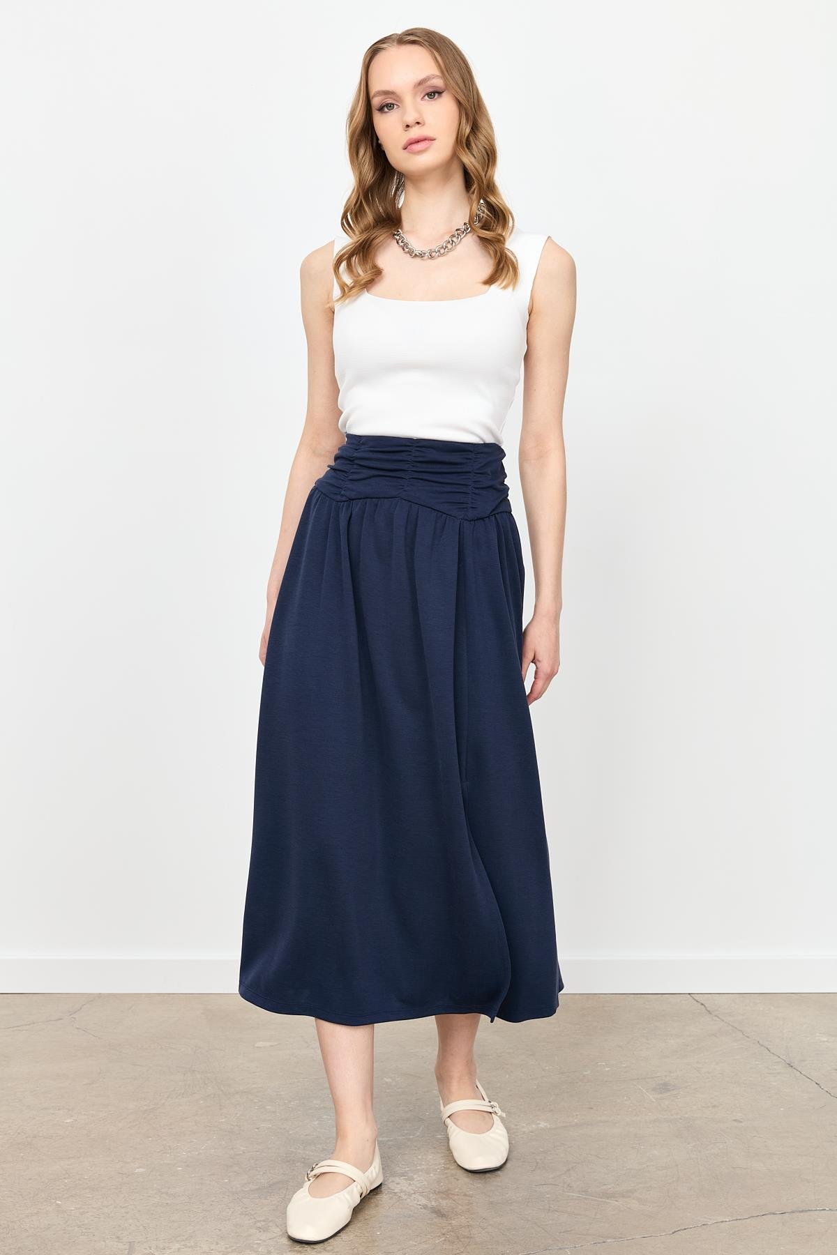 Büzgü Detay Yüksek Bel Uzun Etek-LACI