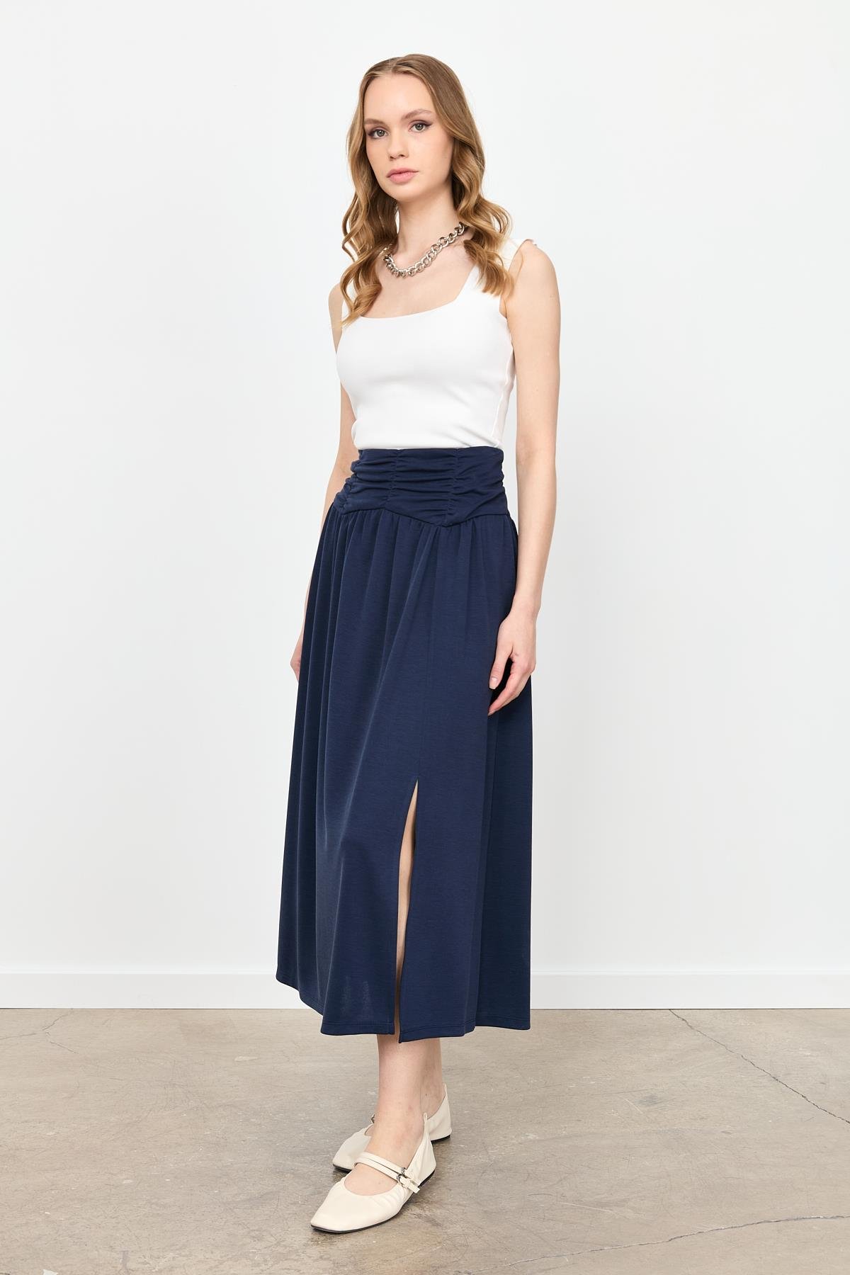 Büzgü Detay Yüksek Bel Uzun Etek-LACI