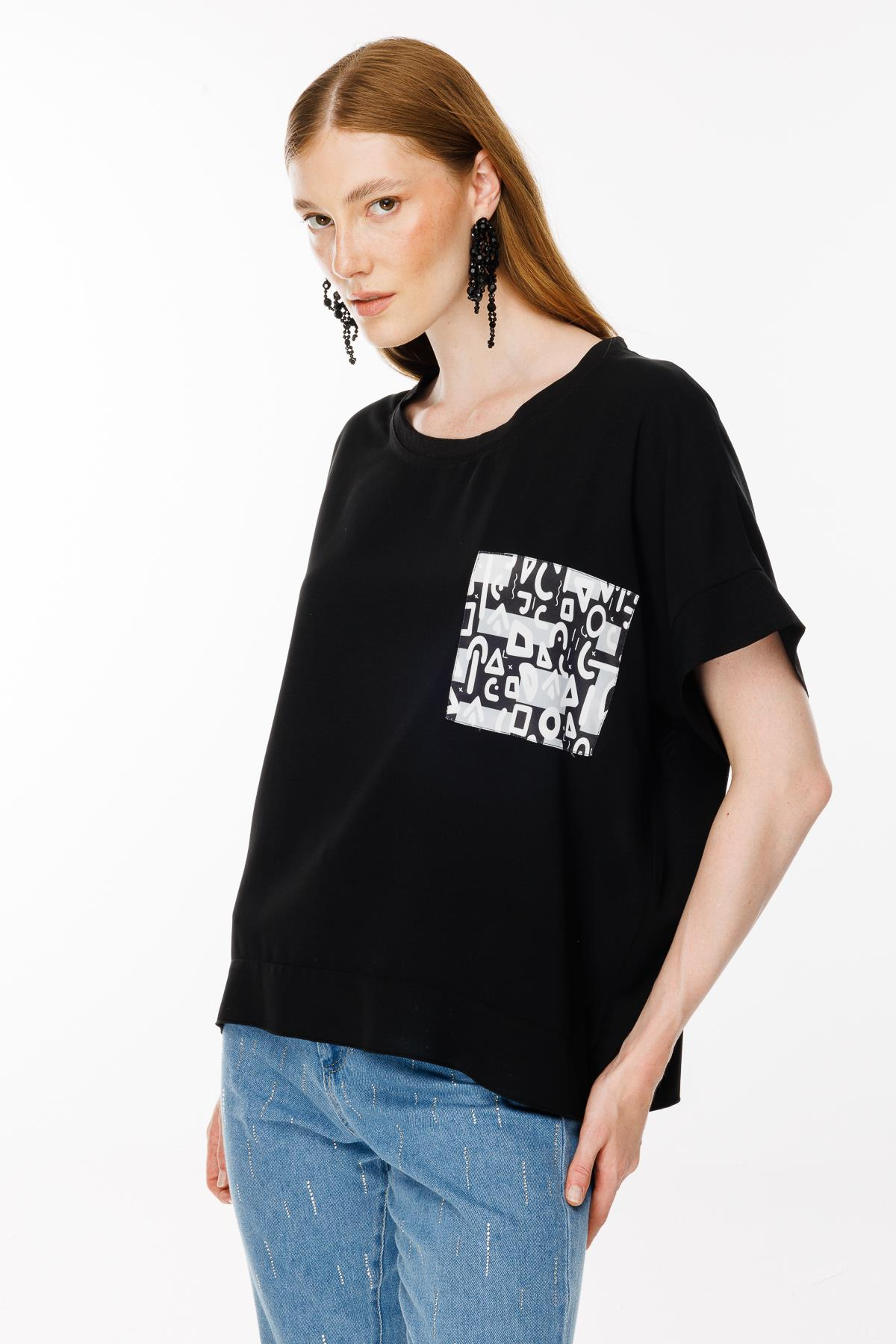 Cebi Baskı Detaylı Bluz - SİYAH