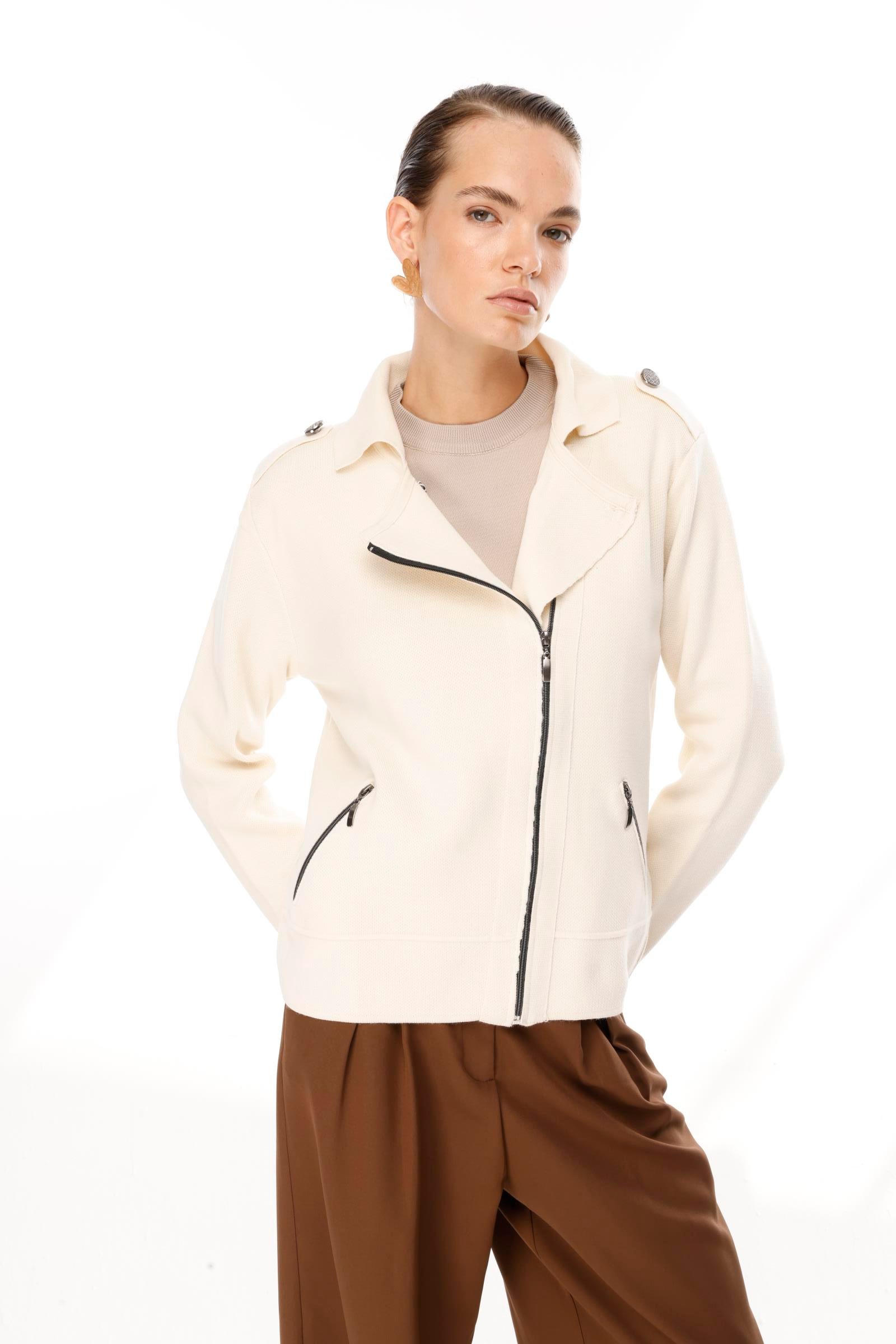 Ceket Yaka Cepli Triko Mont - KREM