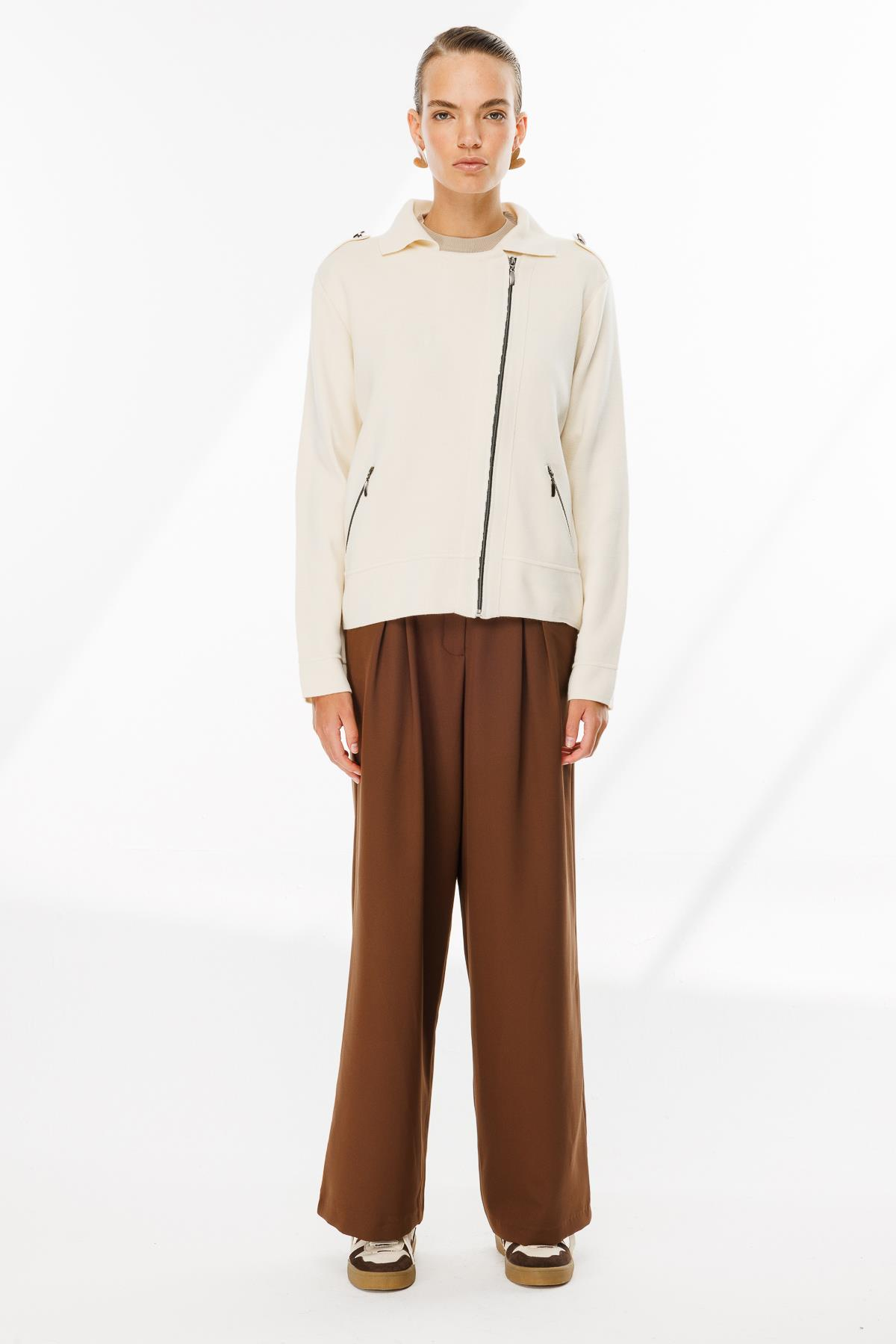 Ceket Yaka Cepli Triko Mont - KREM