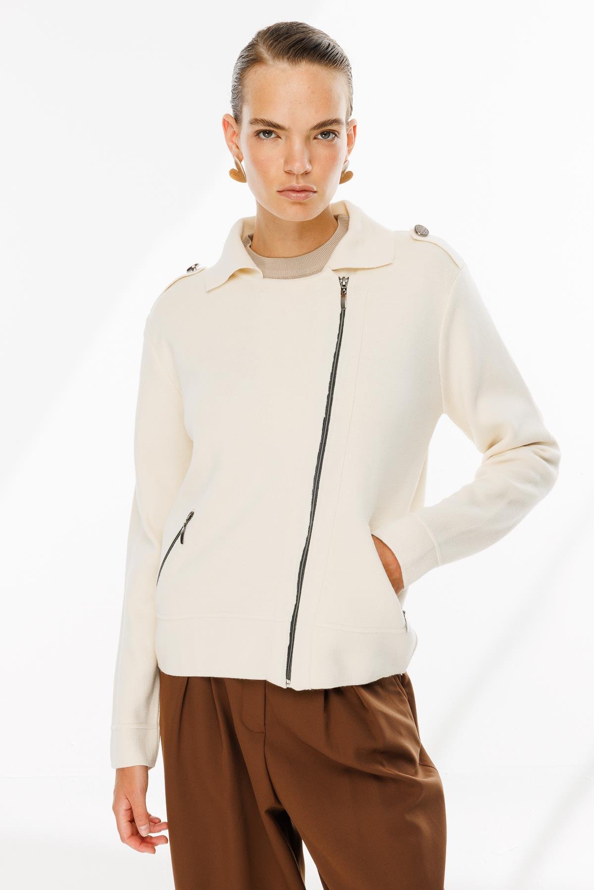 Ceket Yaka Cepli Triko Mont - KREM