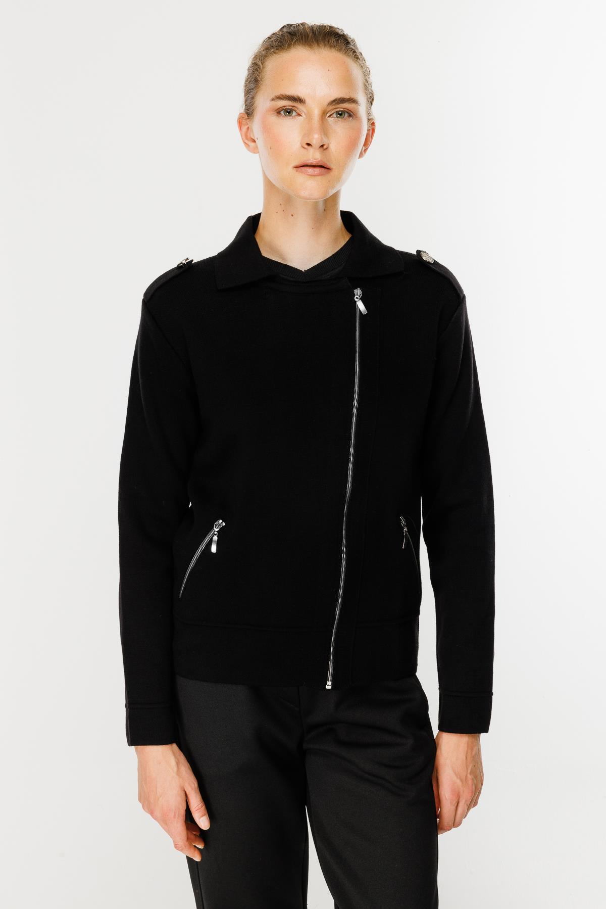 Ceket Yaka Cepli Triko Mont - SİYAH