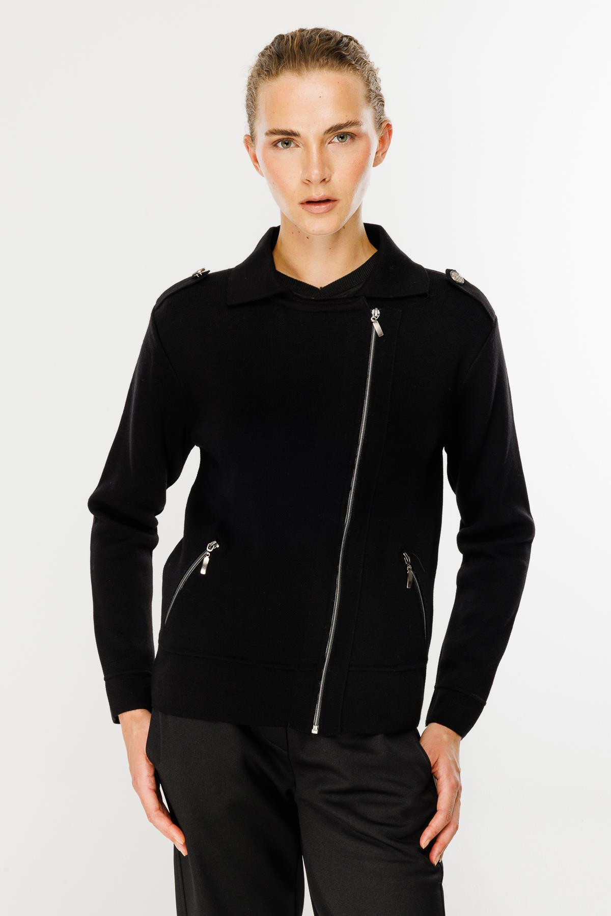 Ceket Yaka Cepli Triko Mont - SİYAH