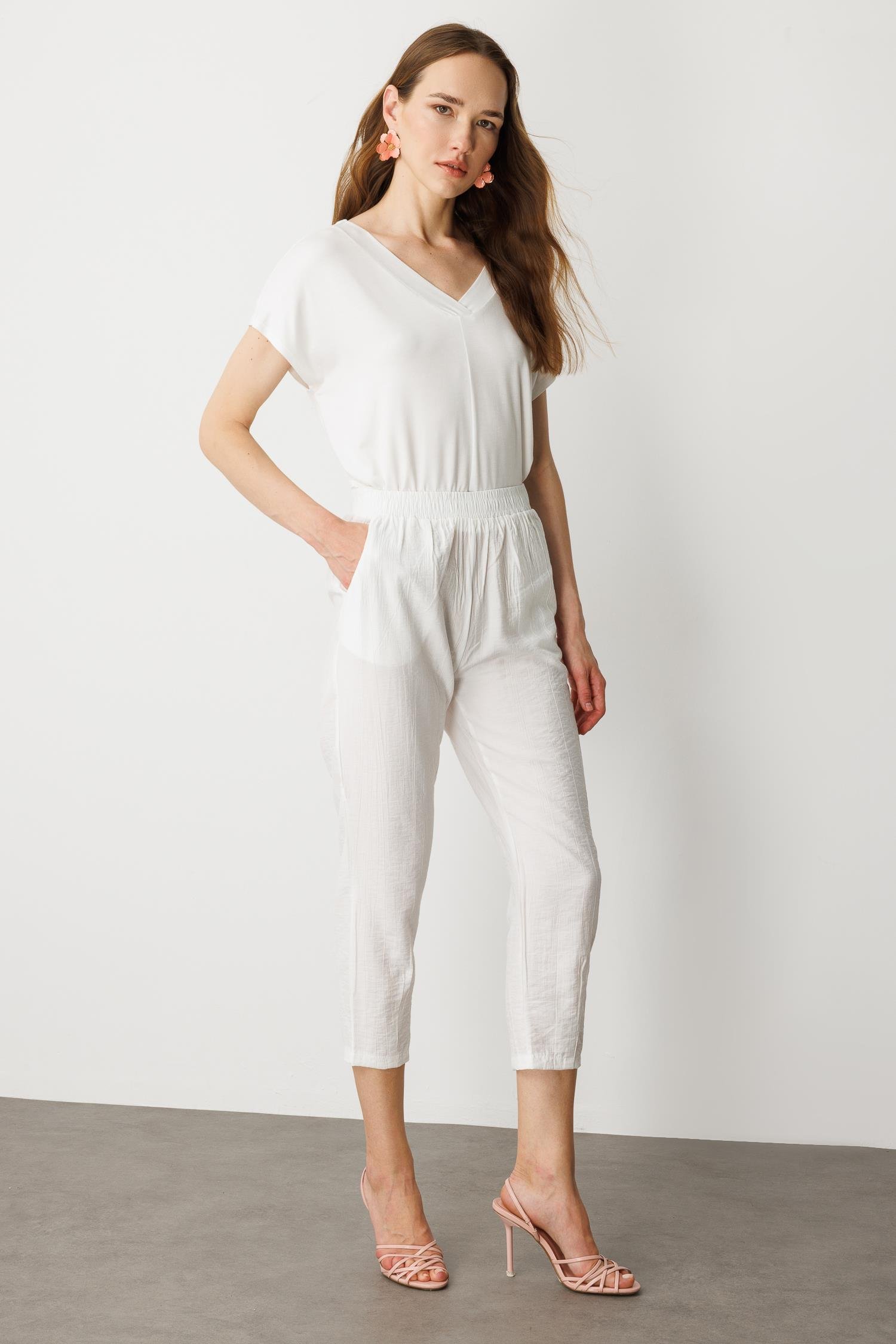 Cep Detay Beli Lastikli Pantolon-EKRU