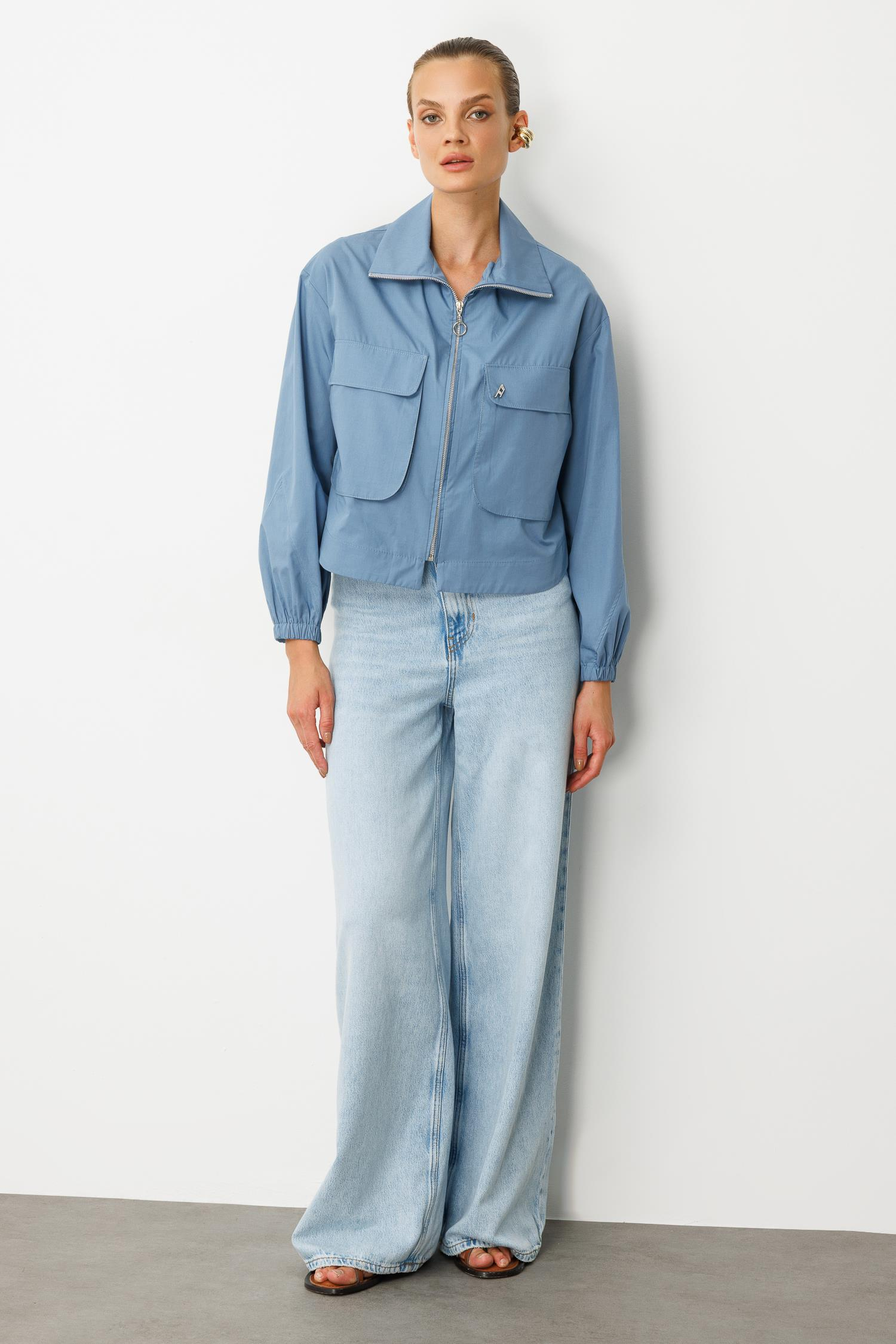 Cep Detay Fermuarlı Gömlek-İNDİGO