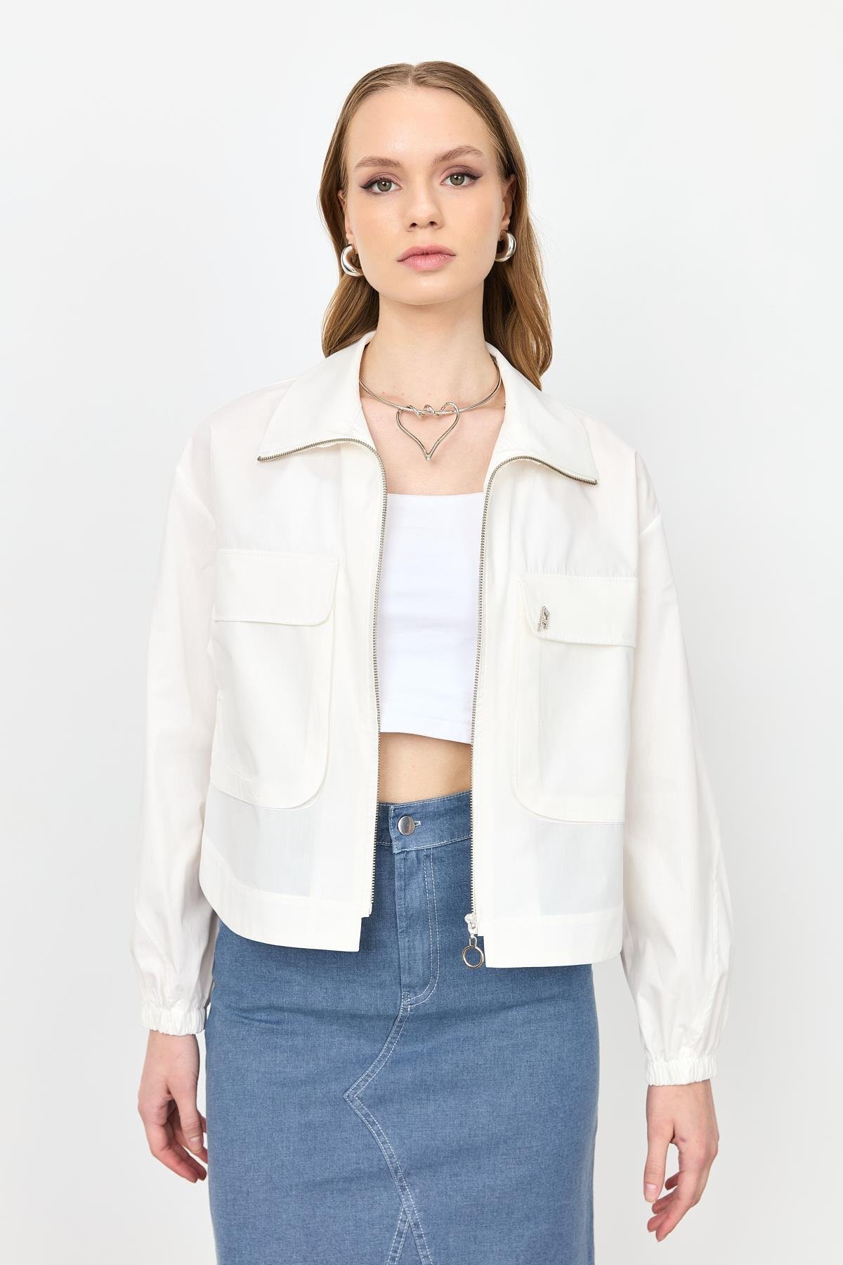 Cep Detay Fermuarlı Gömlek-KEMIK