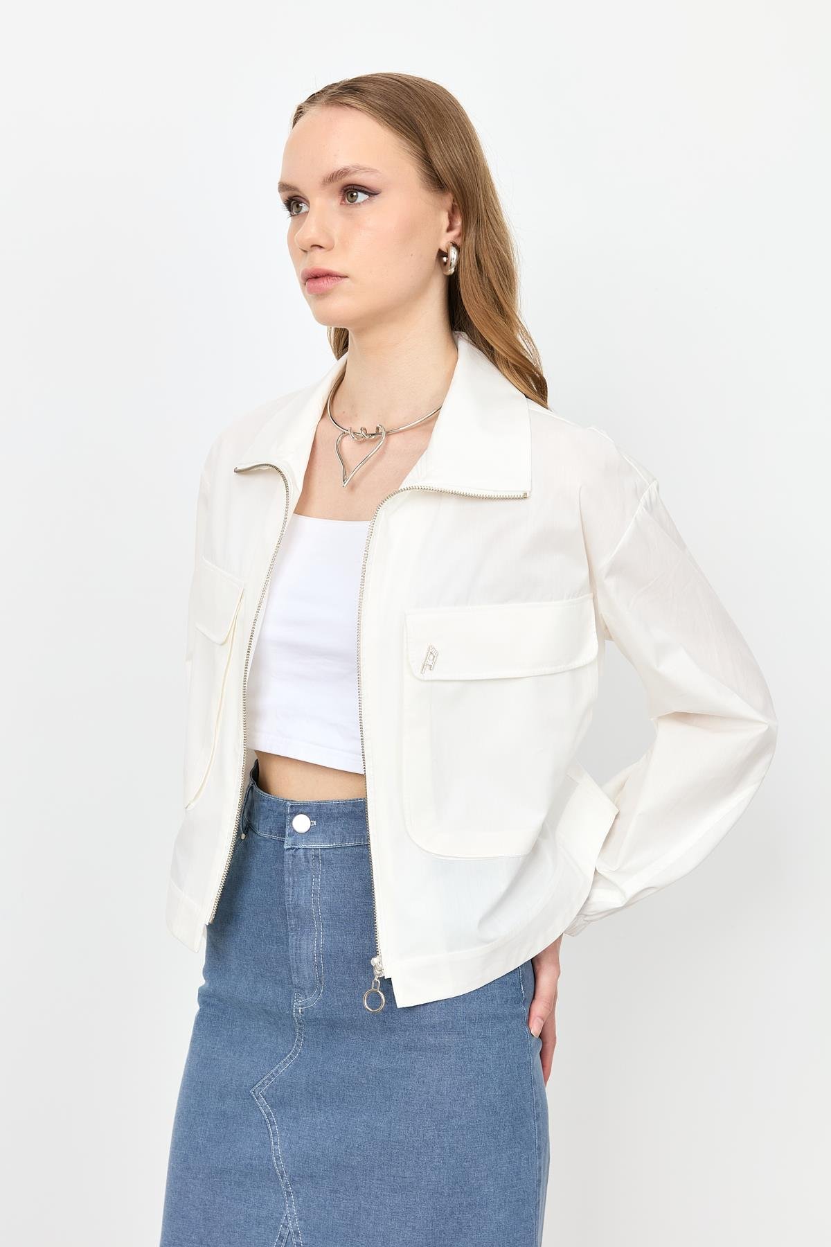 Cep Detay Fermuarlı Gömlek-KEMIK