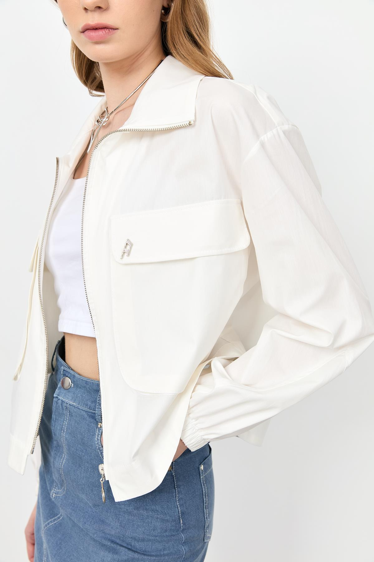 Cep Detay Fermuarlı Gömlek-KEMIK