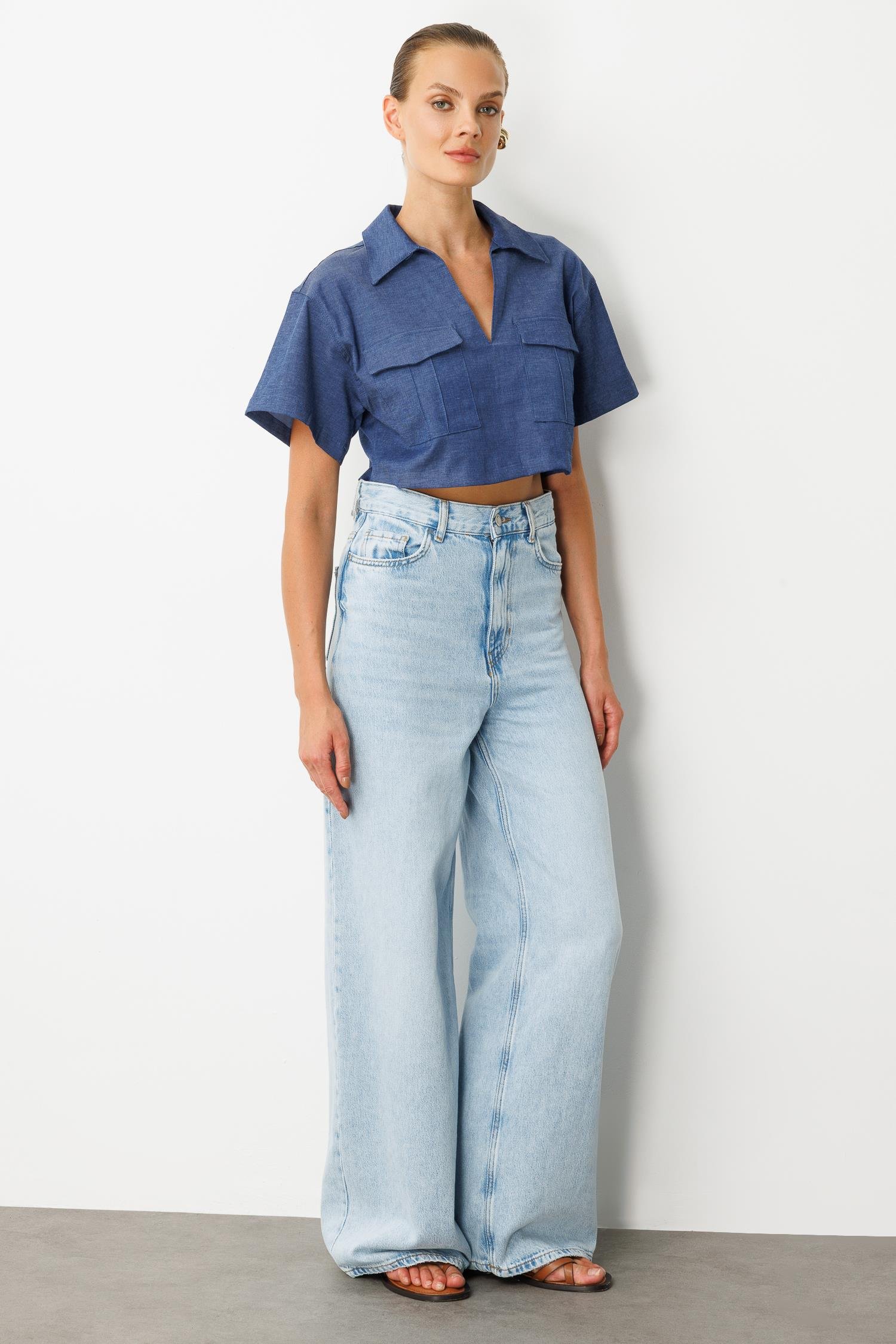 Cep Detaylı Crop Gömlek-İNDİGO