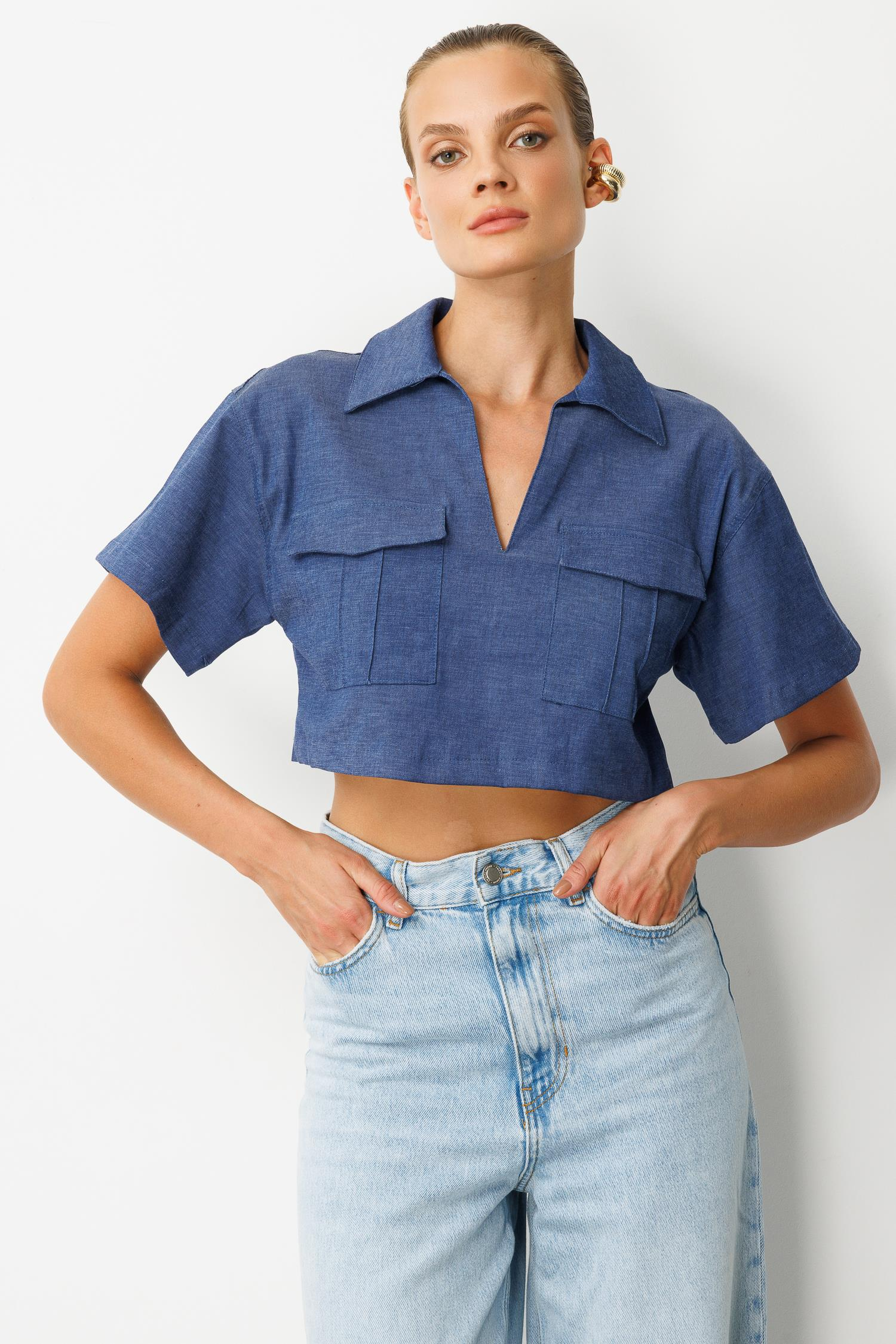 Cep Detaylı Crop Gömlek-İNDİGO