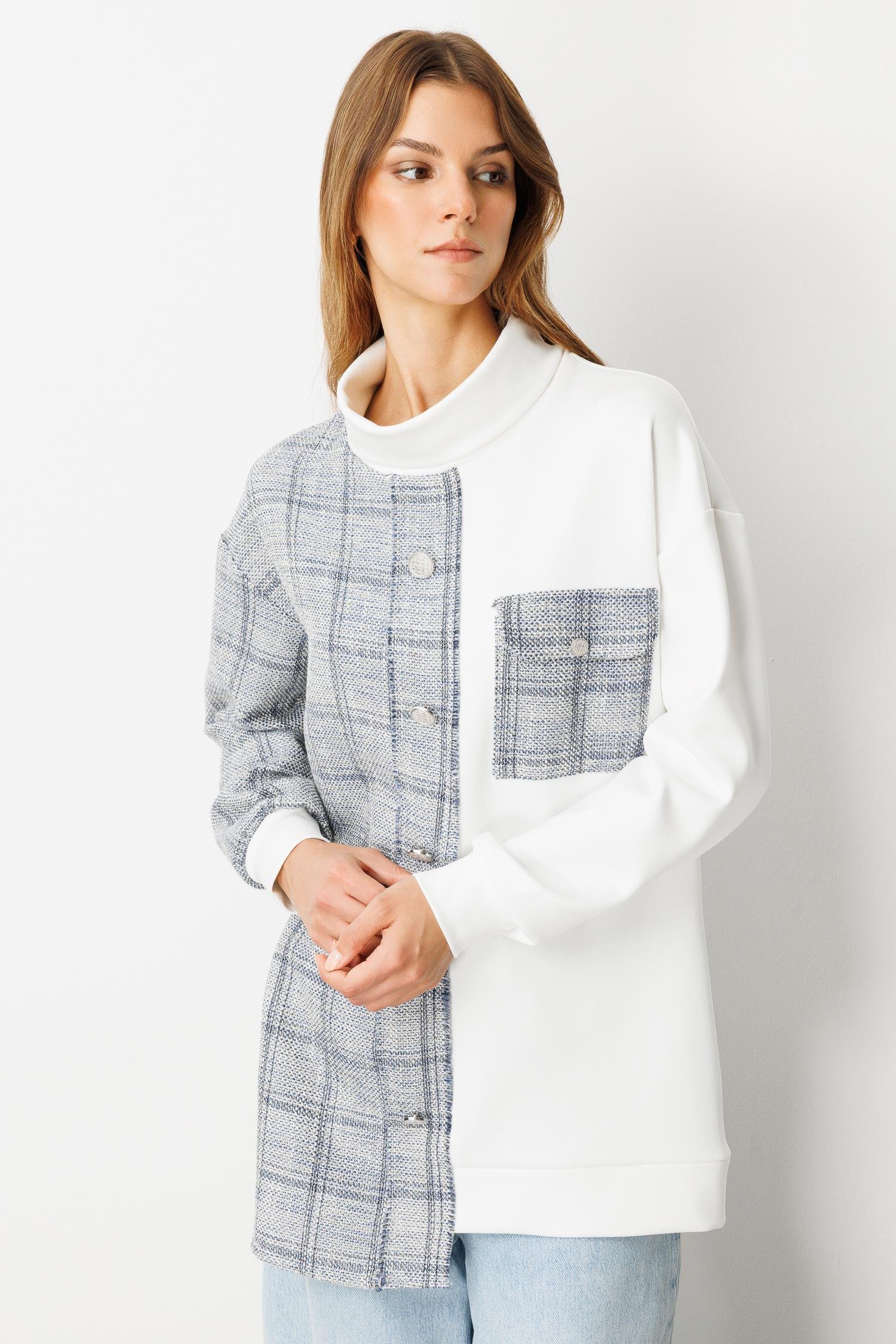 Cep Detaylı Dokulu Ekose Gömlek-MAVİ