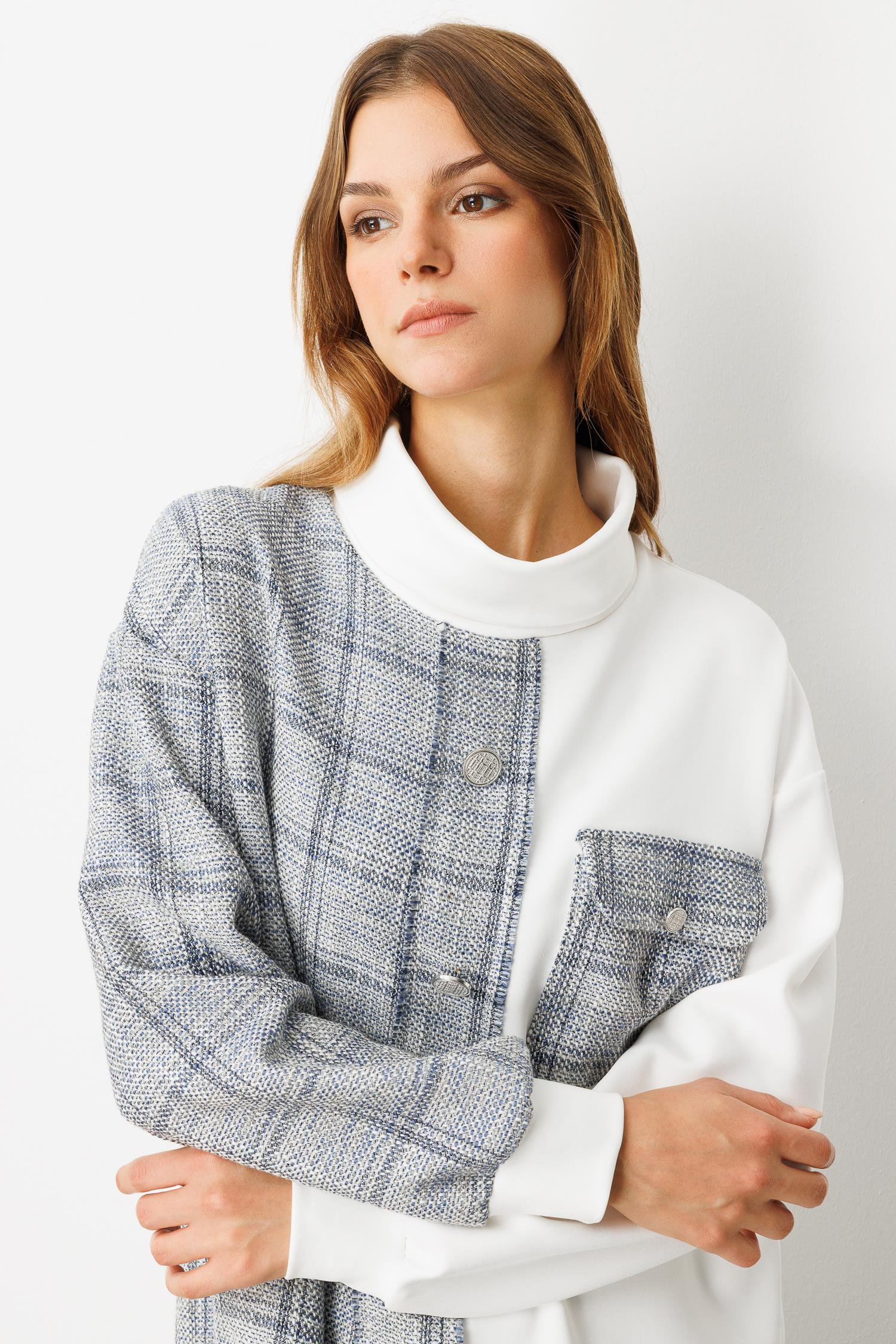 Cep Detaylı Dokulu Ekose Gömlek-MAVİ