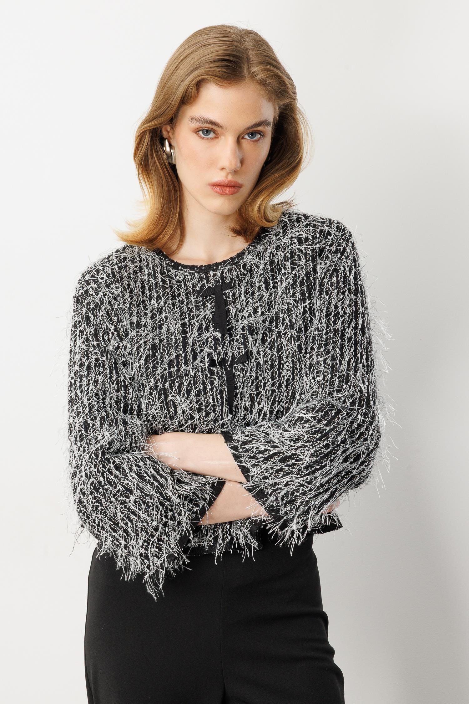 Cep Detaylı Dokuma Bluz-SİYAH/BEYAZ