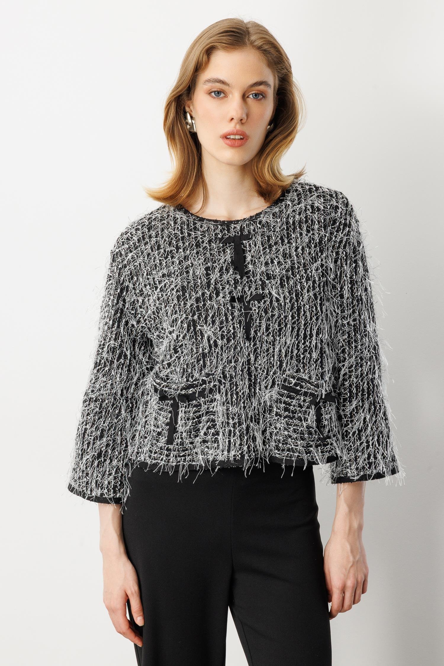 Cep Detaylı Dokuma Bluz-SİYAH/BEYAZ