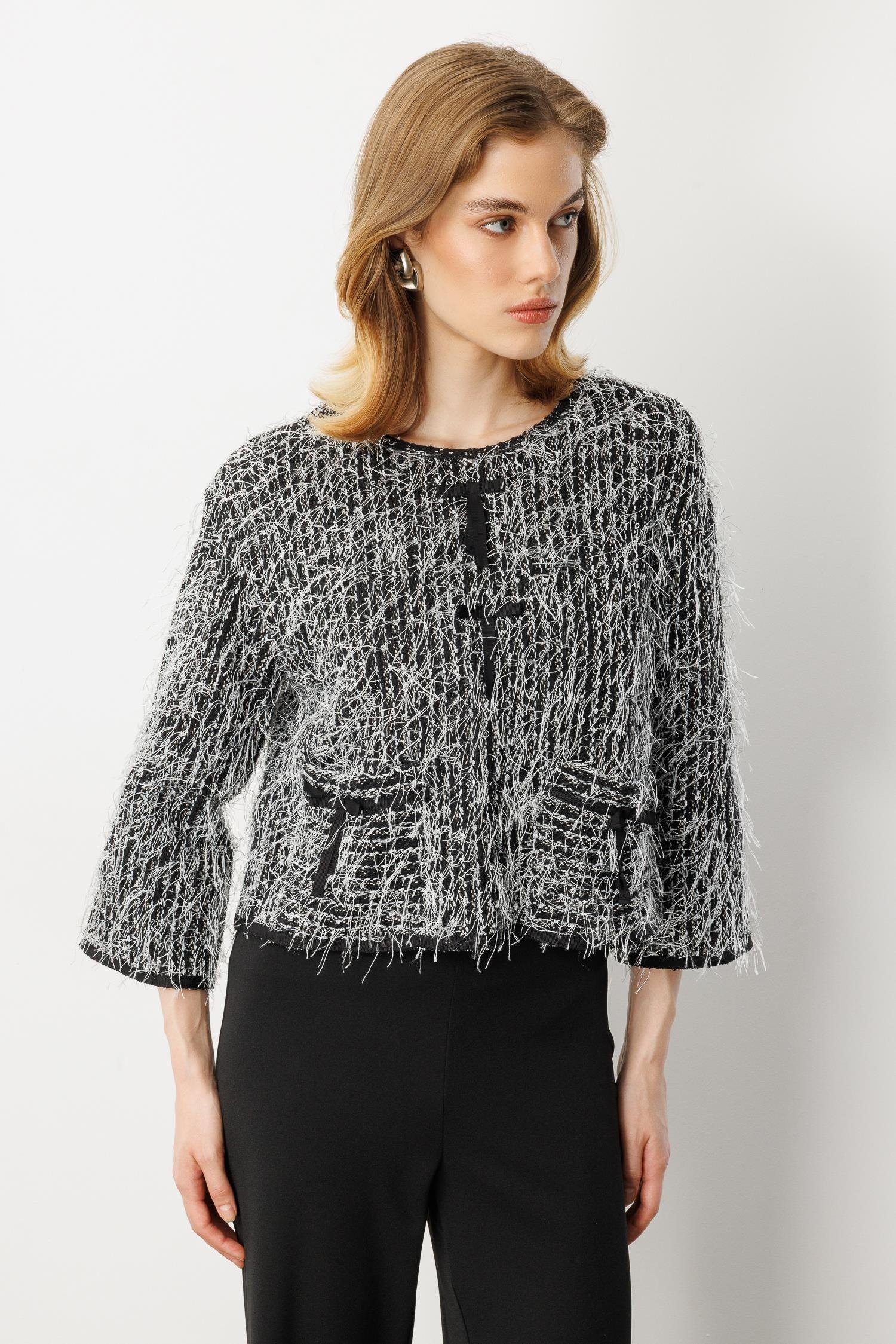 Cep Detaylı Dokuma Bluz-SİYAH/BEYAZ