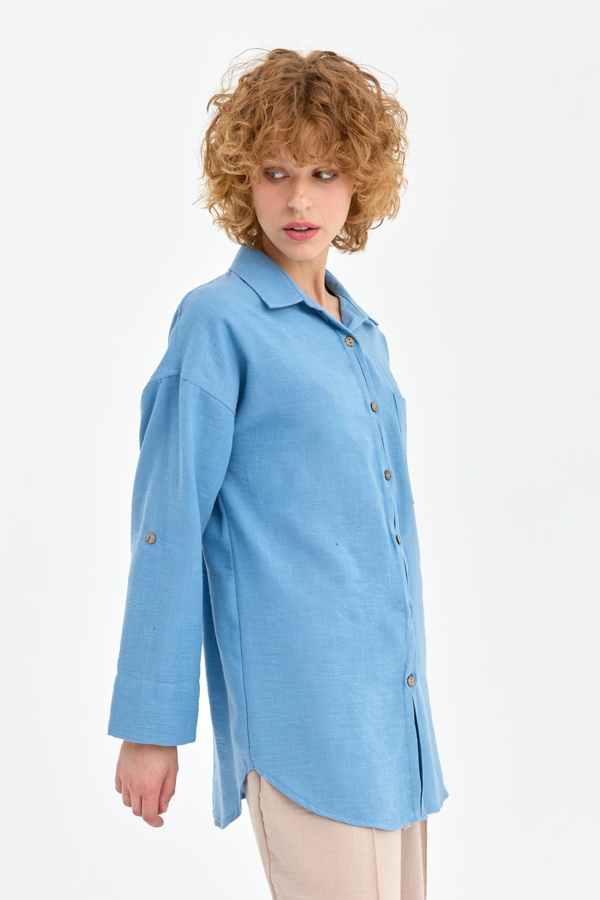 Cep Detaylı Keten Gömlek - A.MAVI