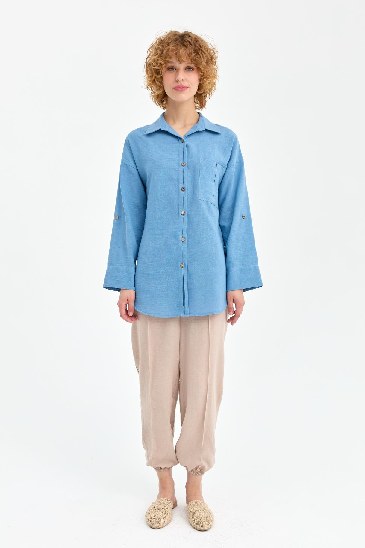 Cep Detaylı Keten Gömlek - A.MAVI