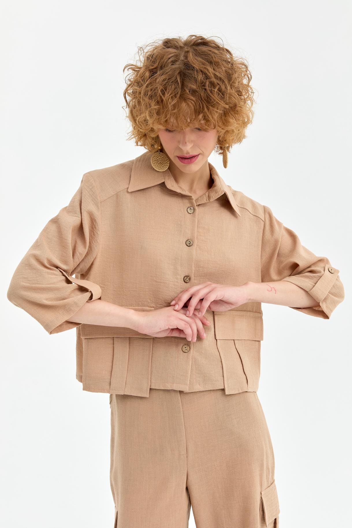 Cep Detaylı Keten Gömlek - CAMEL